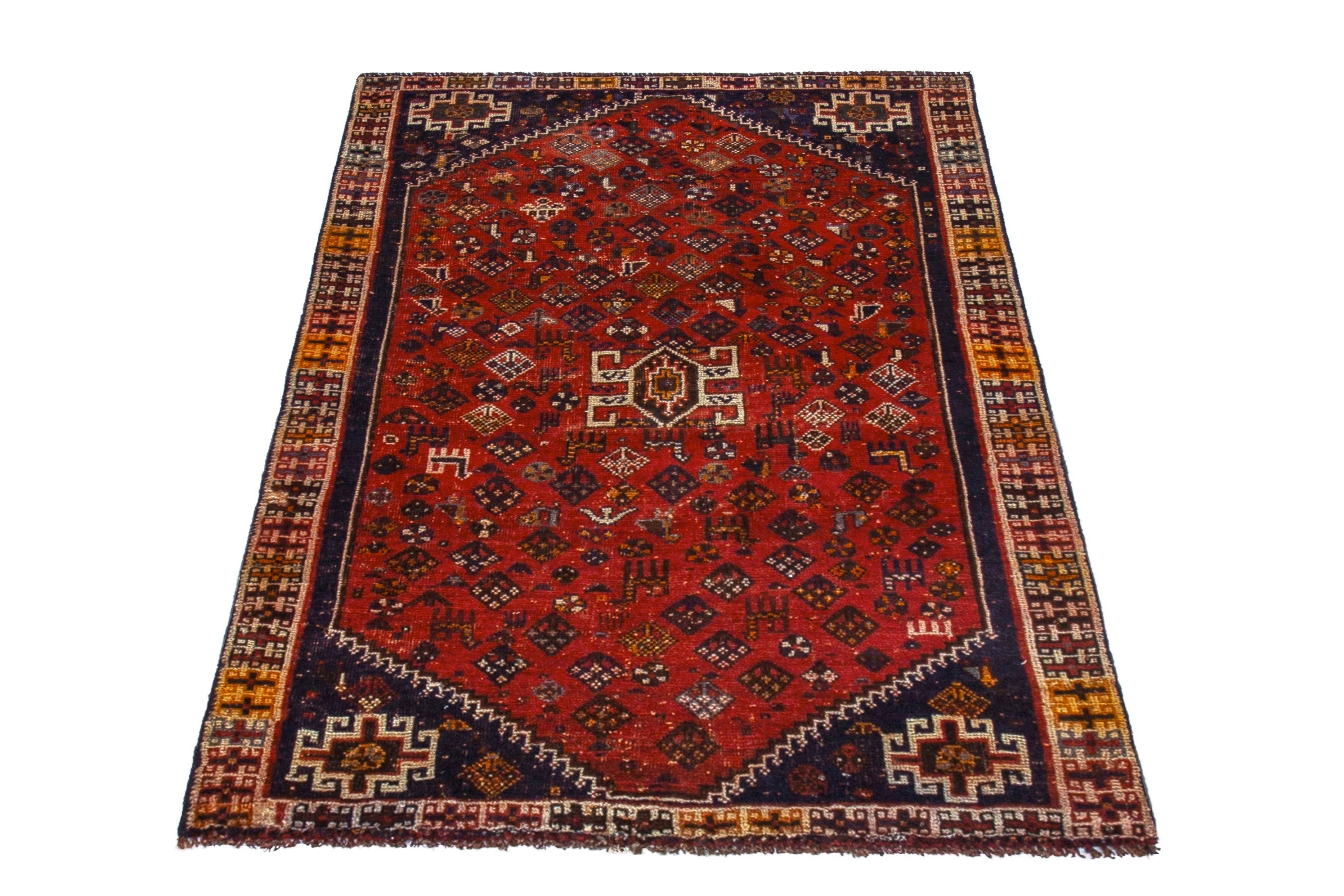 Persian Shiraz accent rug in deep red and navy, view 2 of 18