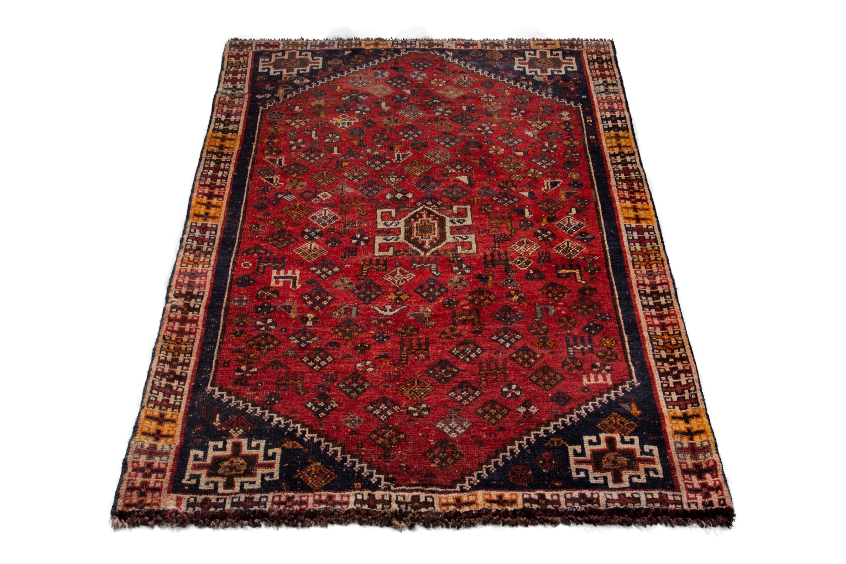 Persian Shiraz accent rug in deep red and navy, view 3 of 18