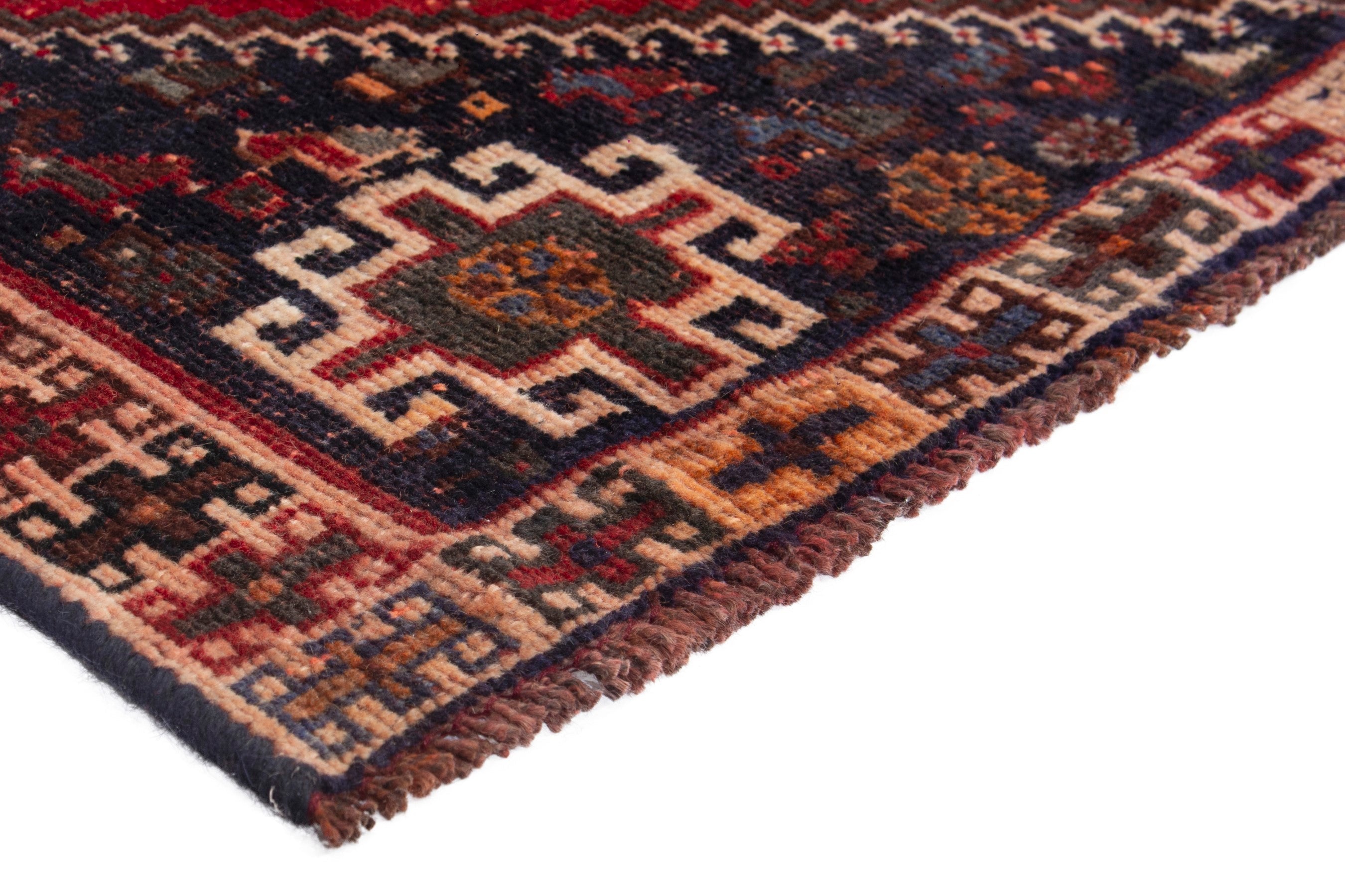 Persian Shiraz accent rug in deep red and navy, view 4 of 18