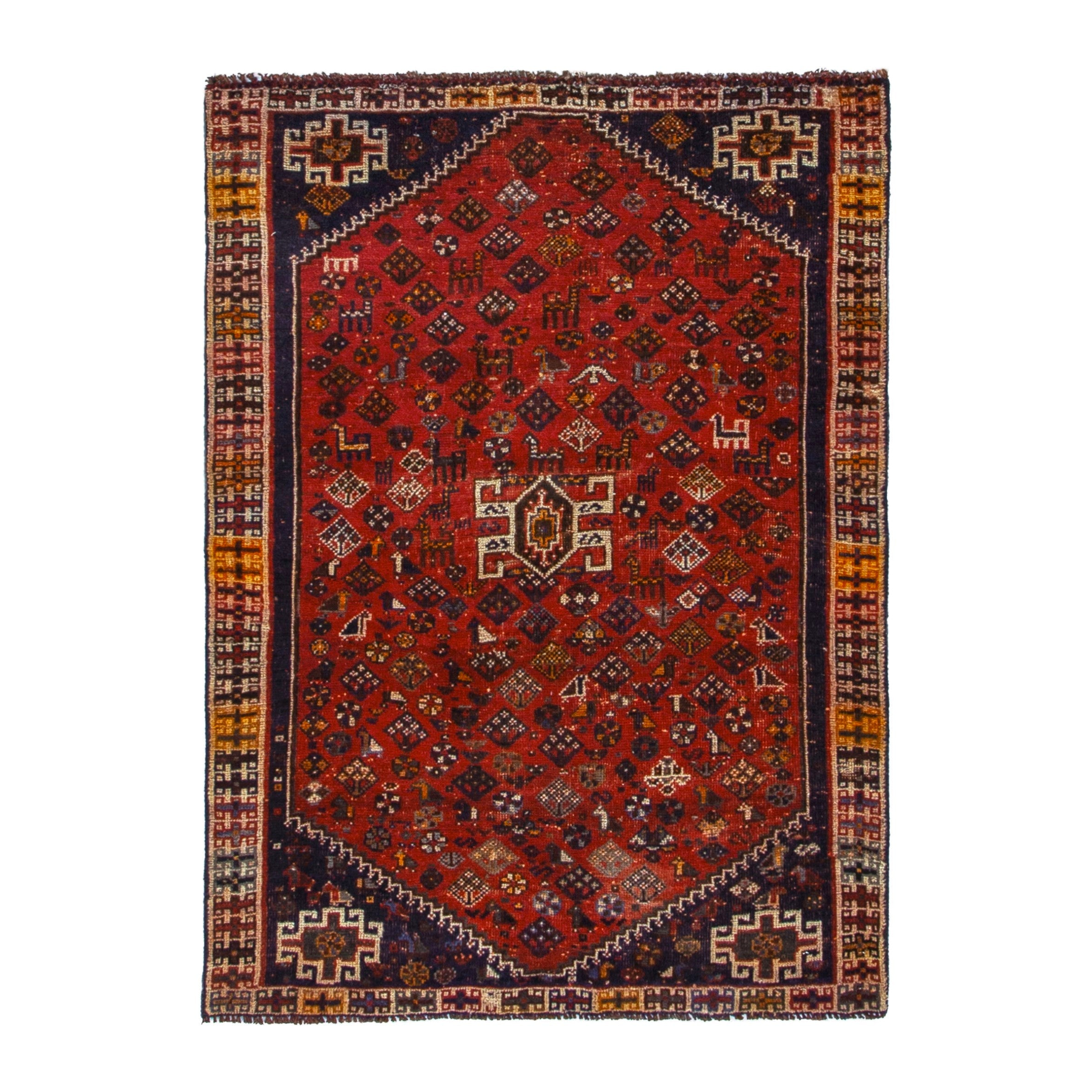 Persian Shiraz accent rug in deep red and navy, 3'8" x 5'3"