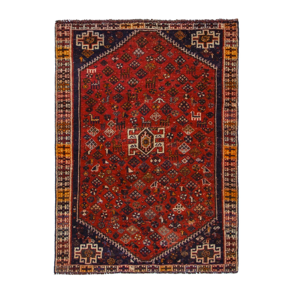 Persian Shiraz accent rug in deep red and navy, 3'8" x 5'3"