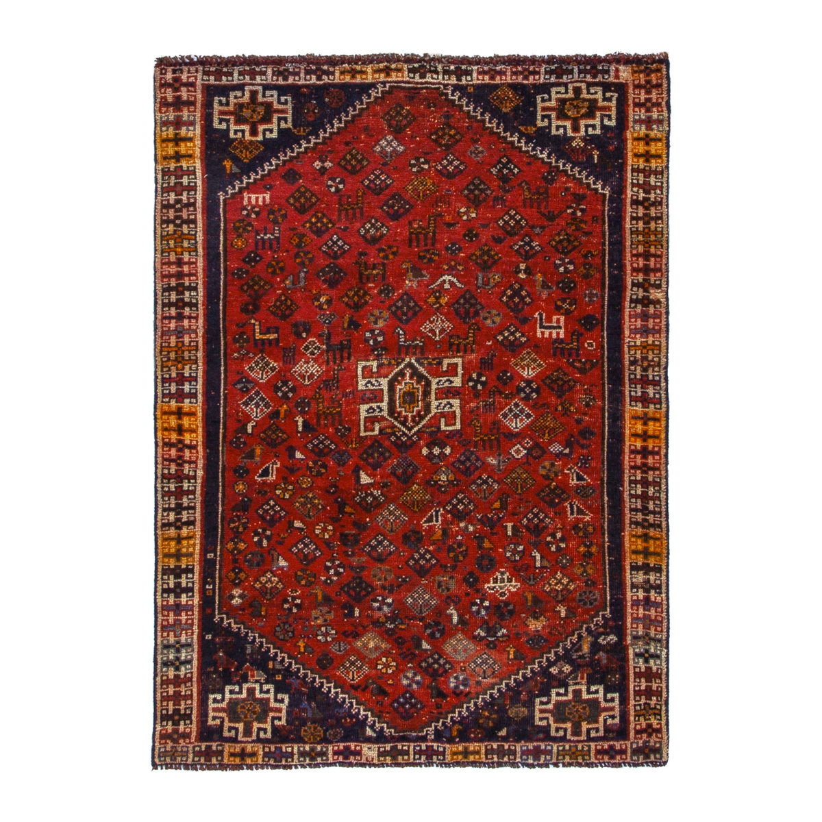 Persian Shiraz accent rug in deep red and navy, 3'8" x 5'3"