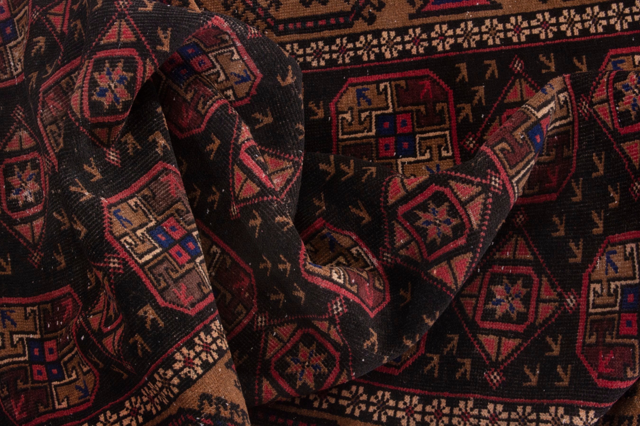 Persian Torkaman runner rug in navy and rust, view 17 of 19