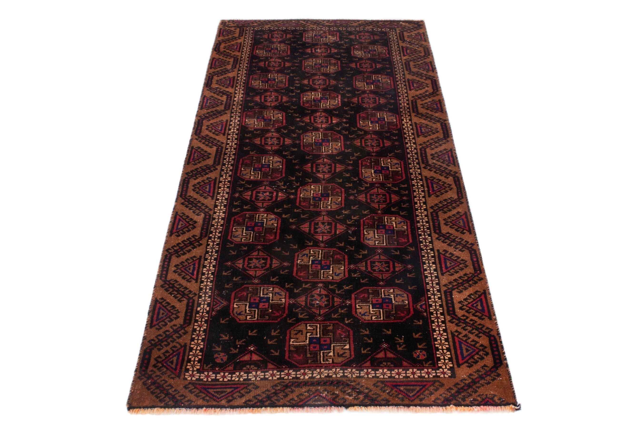 Persian Torkaman runner rug in navy and rust, view 2 of 19