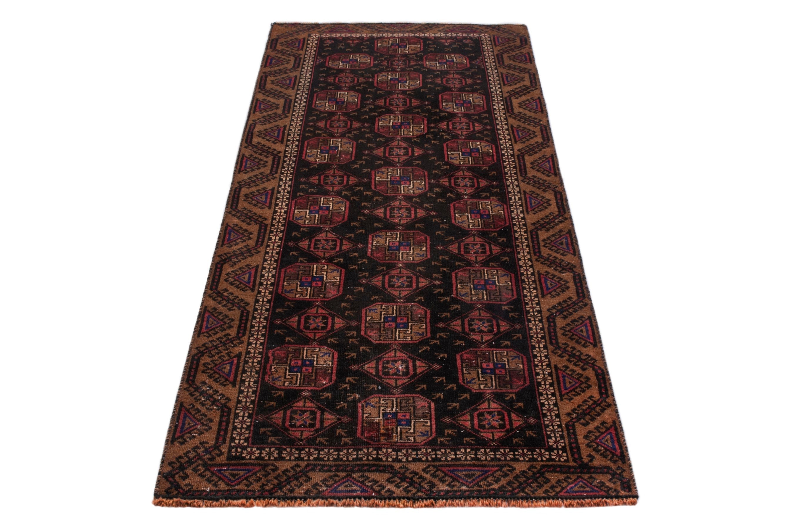 Persian Torkaman runner rug in navy and rust, view 3 of 19