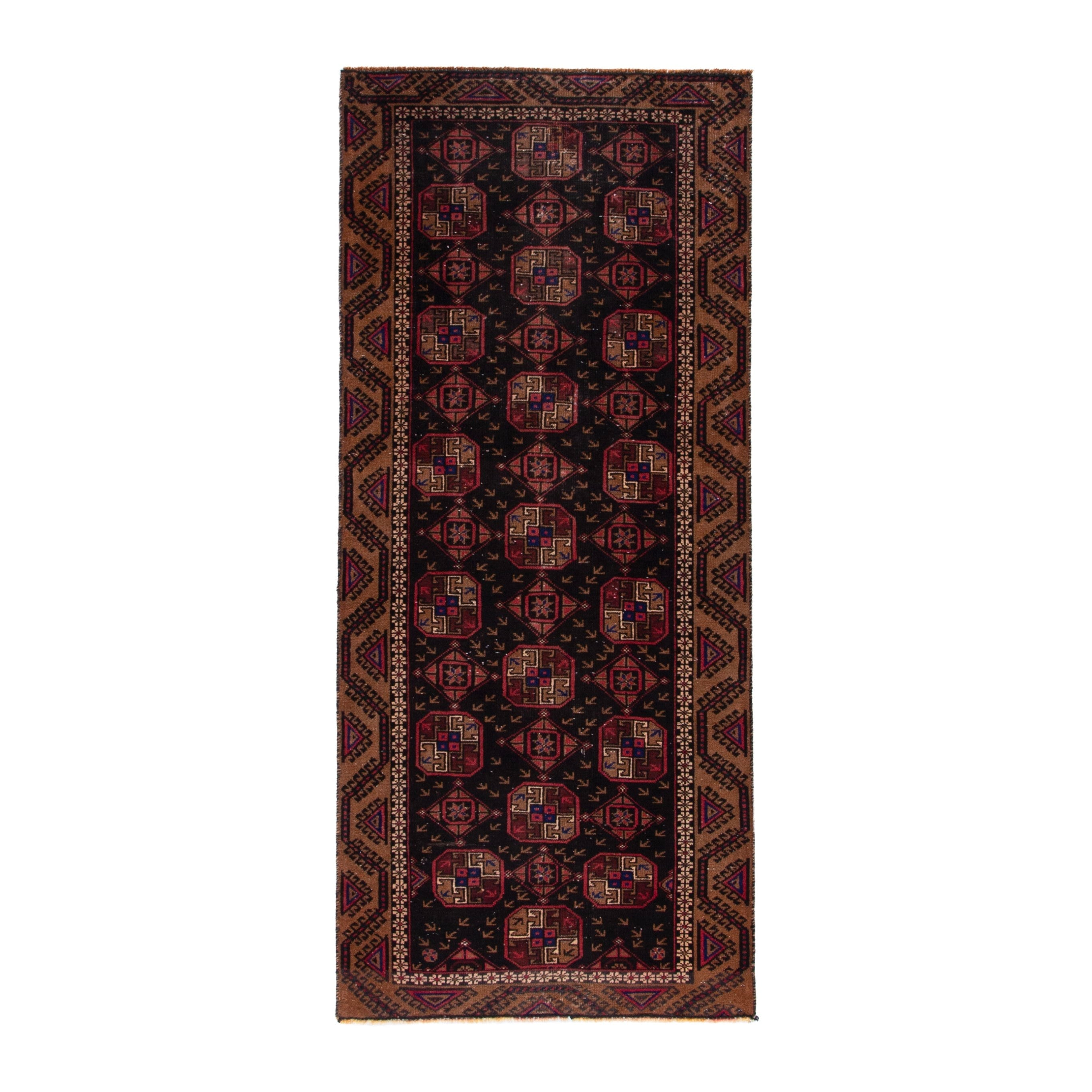 Persian Torkaman runner rug in navy and rust, 3'1" x 7'6"