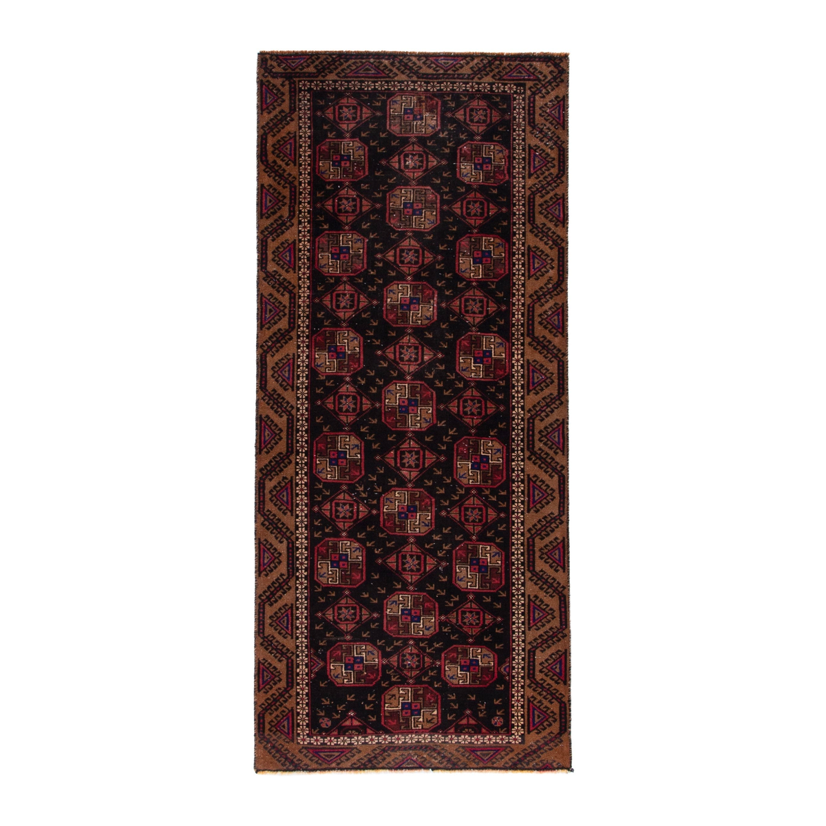 Persian Torkaman runner rug in navy and rust, 3'1" x 7'6"