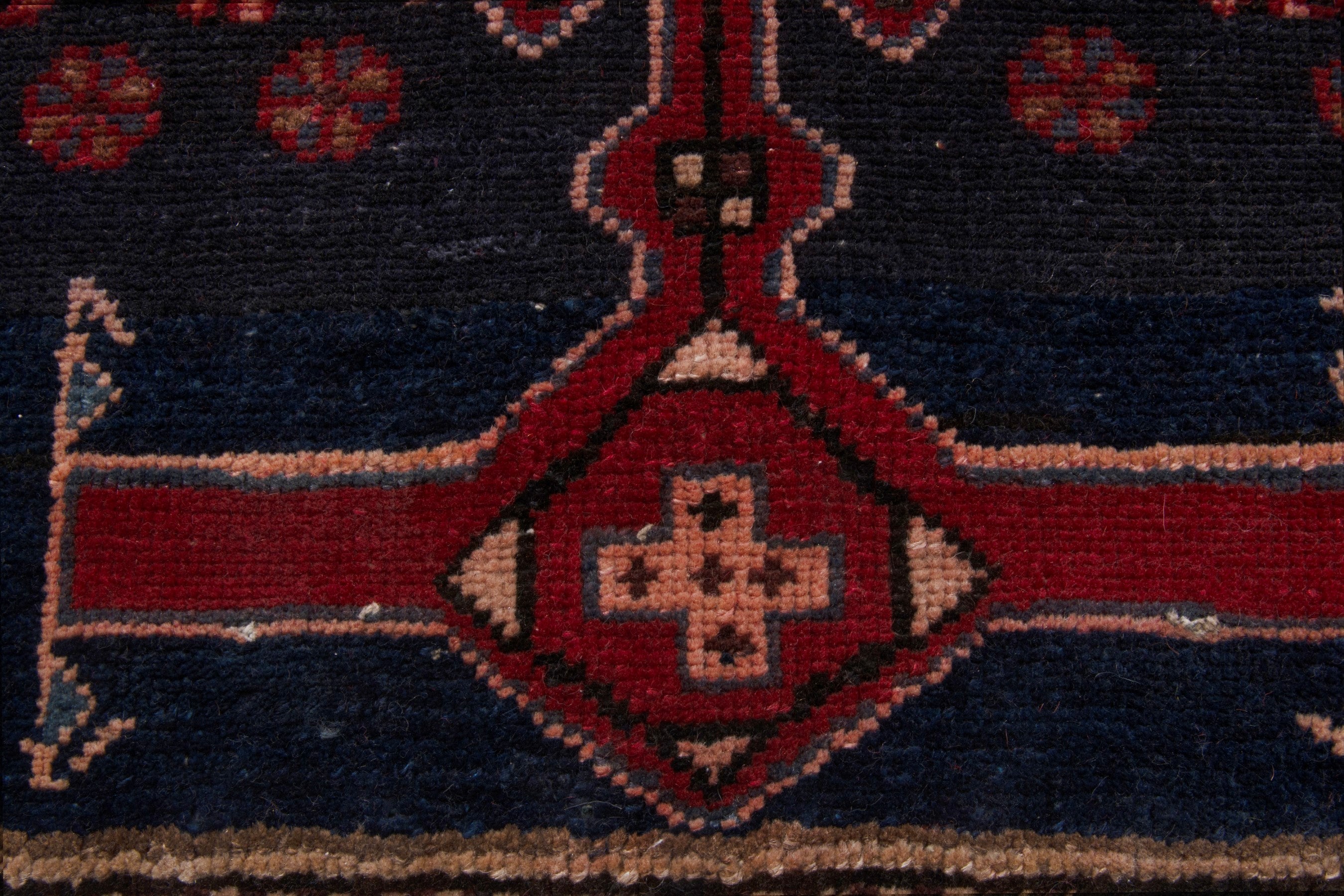 Persian Zanjan accent rug in deep red and dark blue, view 10 of 17