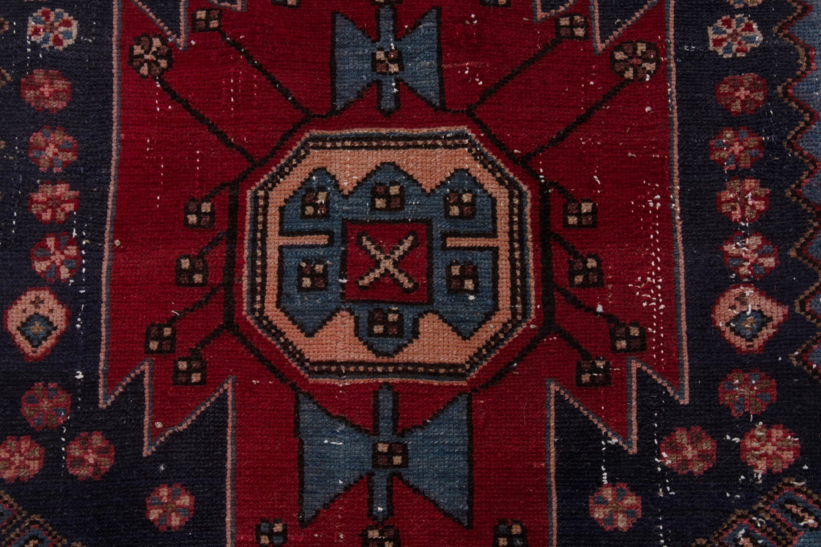 Persian Zanjan accent rug in deep red and dark blue, view 11 of 17