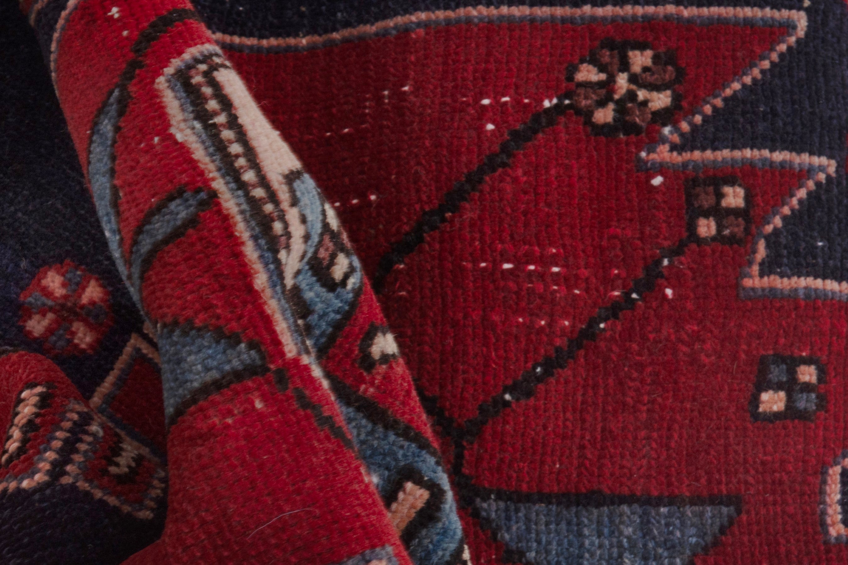 Persian Zanjan accent rug in deep red and dark blue, view 14 of 17