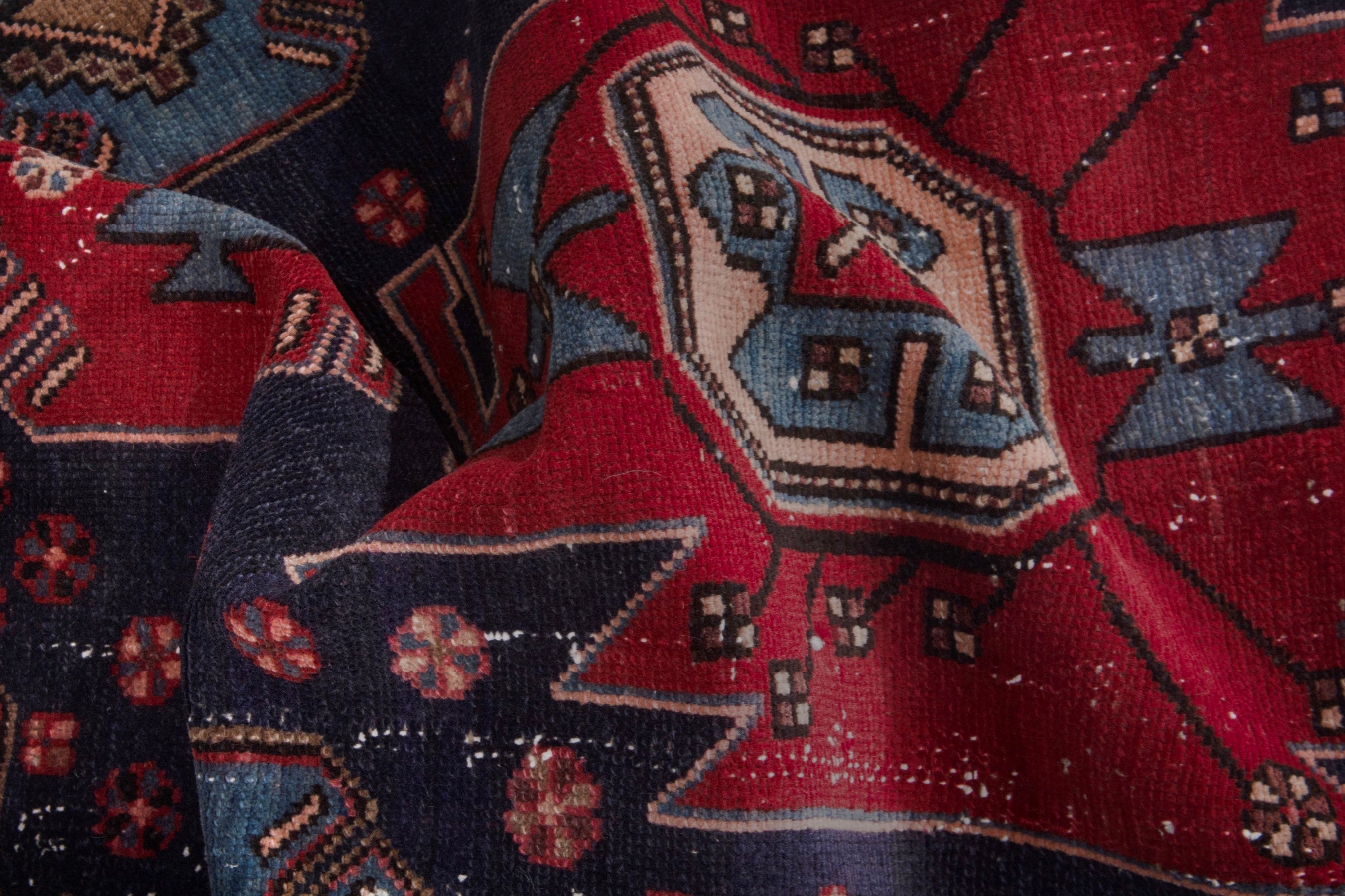 Persian Zanjan accent rug in deep red and dark blue, view 15 of 17