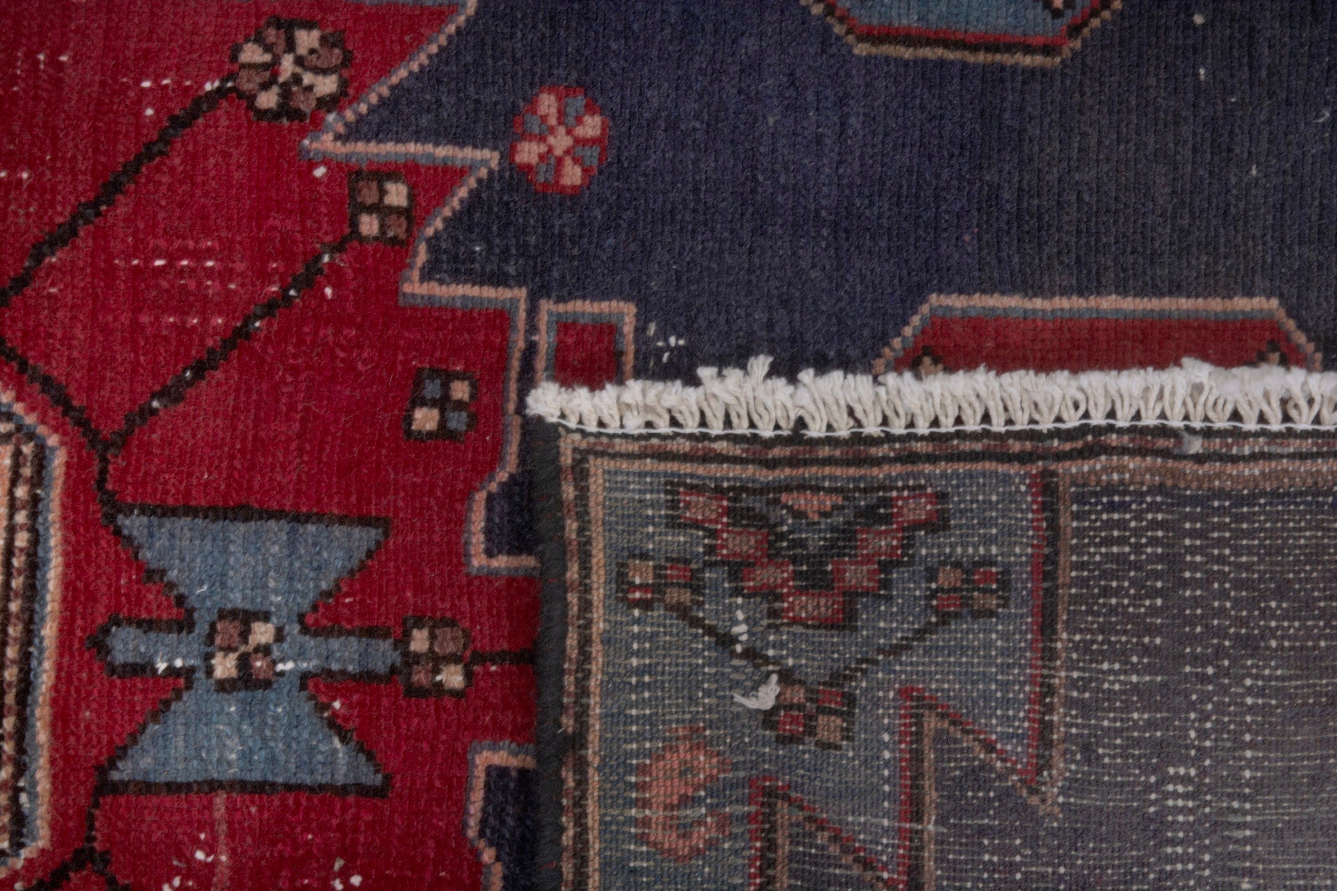 Persian Zanjan accent rug in deep red and dark blue, view 17 of 17