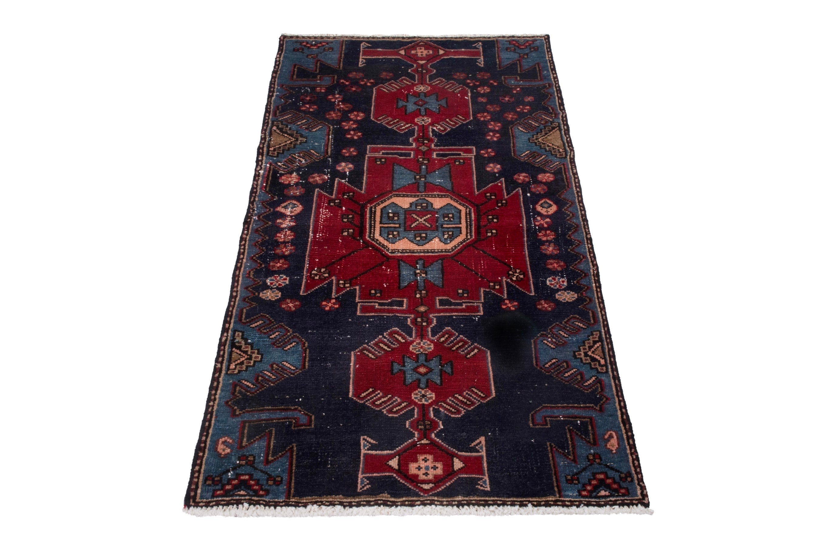 Persian Zanjan accent rug in deep red and dark blue, view 2 of 17