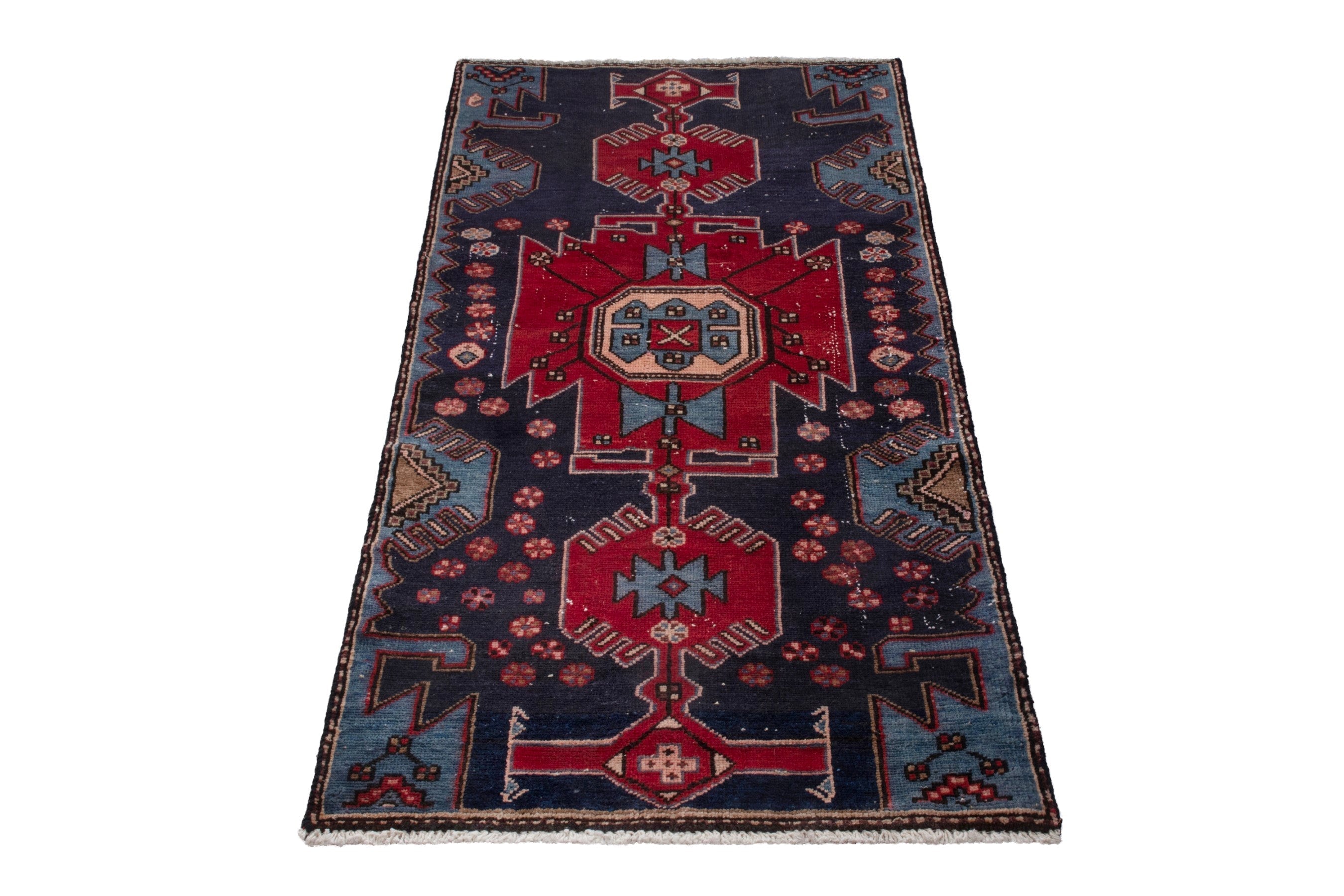 Persian Zanjan accent rug in deep red and dark blue, view 3 of 17