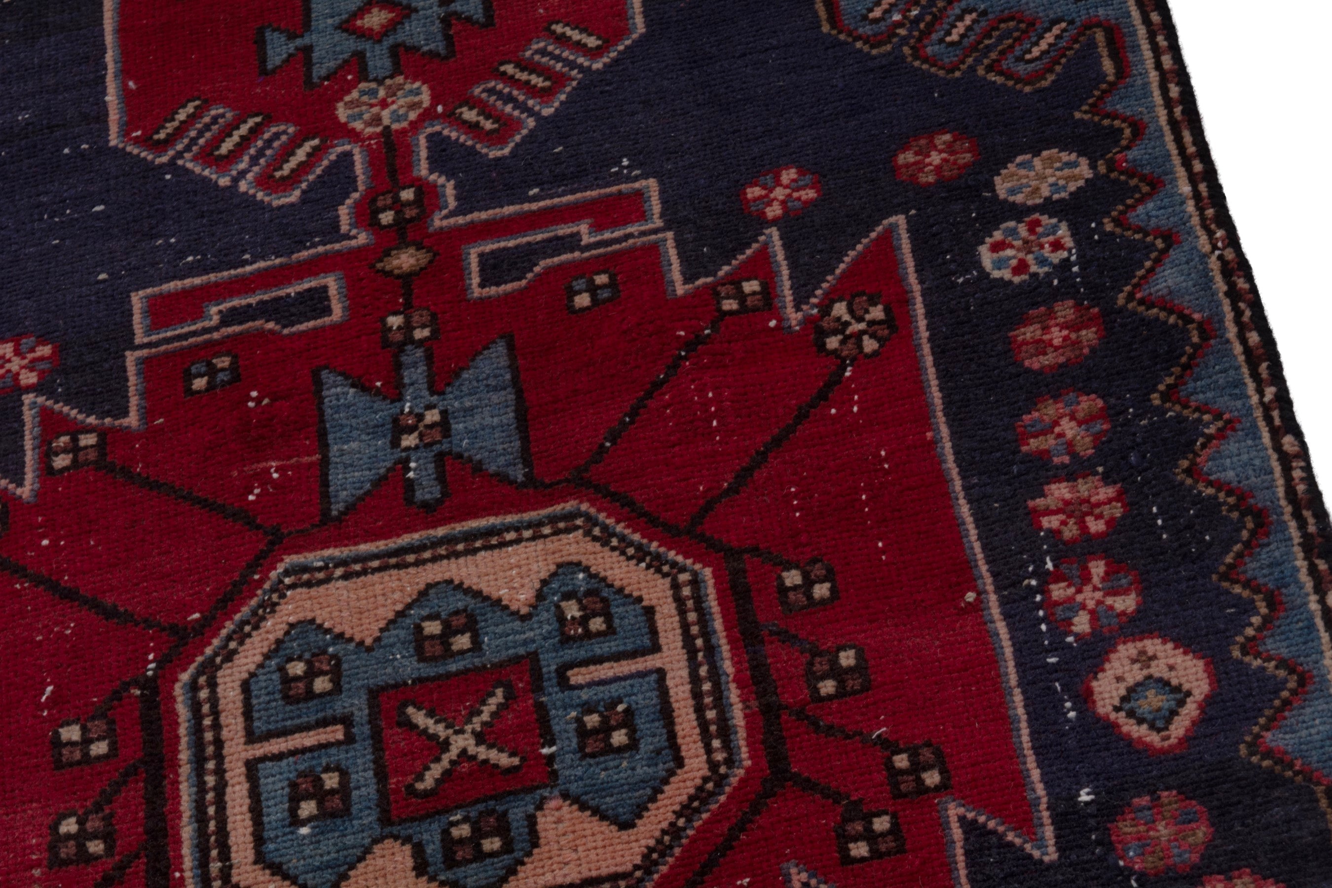Persian Zanjan accent rug in deep red and dark blue, view 8 of 17