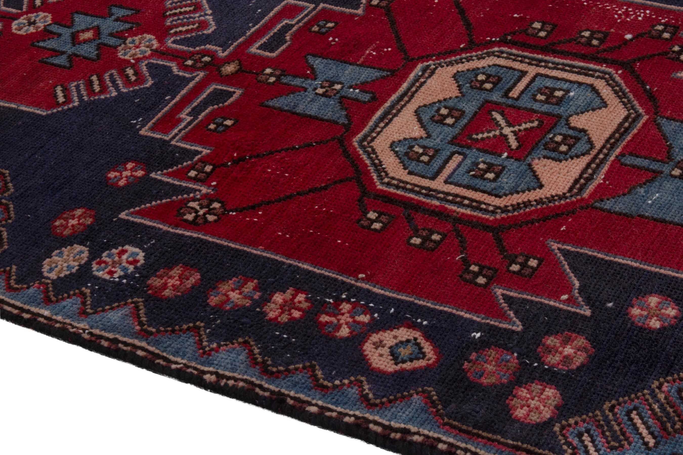 Persian Zanjan accent rug in deep red and dark blue, view 5 of 17