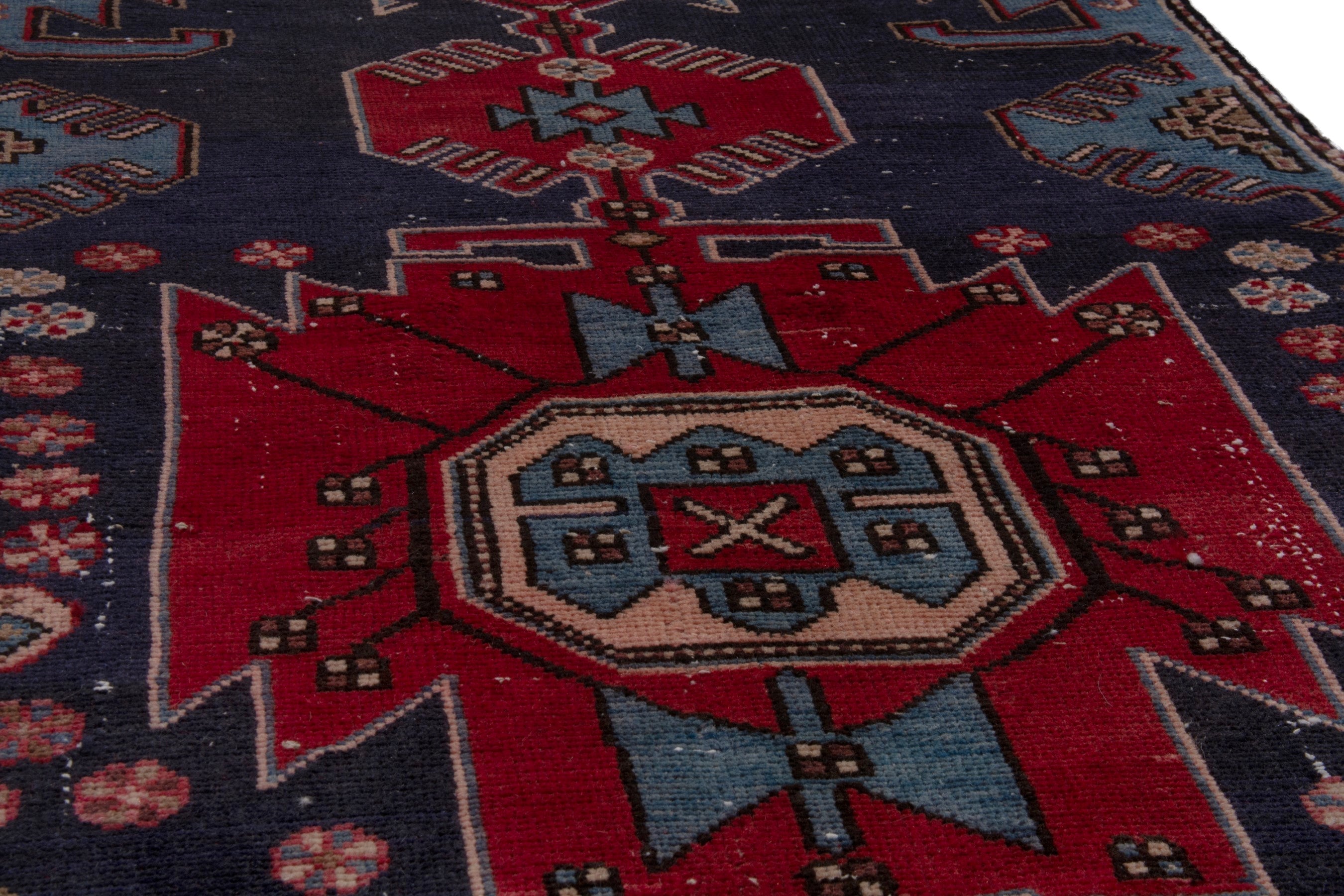 Persian Zanjan accent rug in deep red and dark blue, view 7 of 17