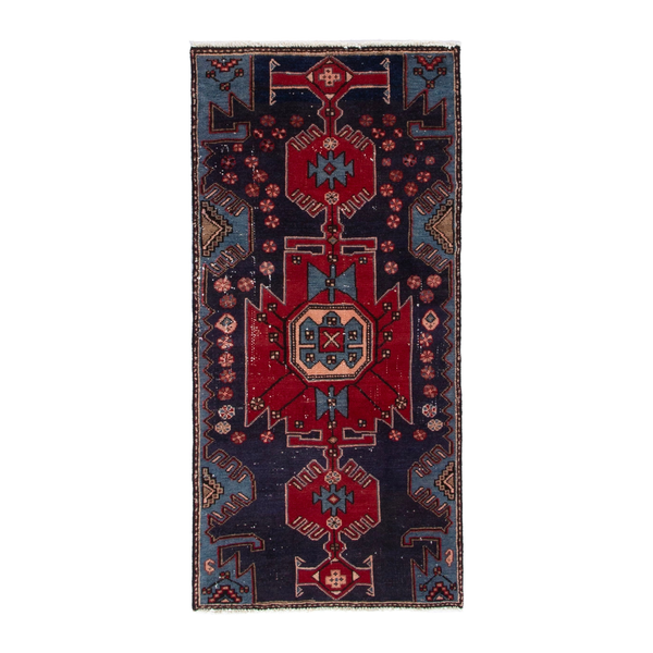 Persian Zanjan runner rug in deep red and dark blue, 2'6" x 5'3"