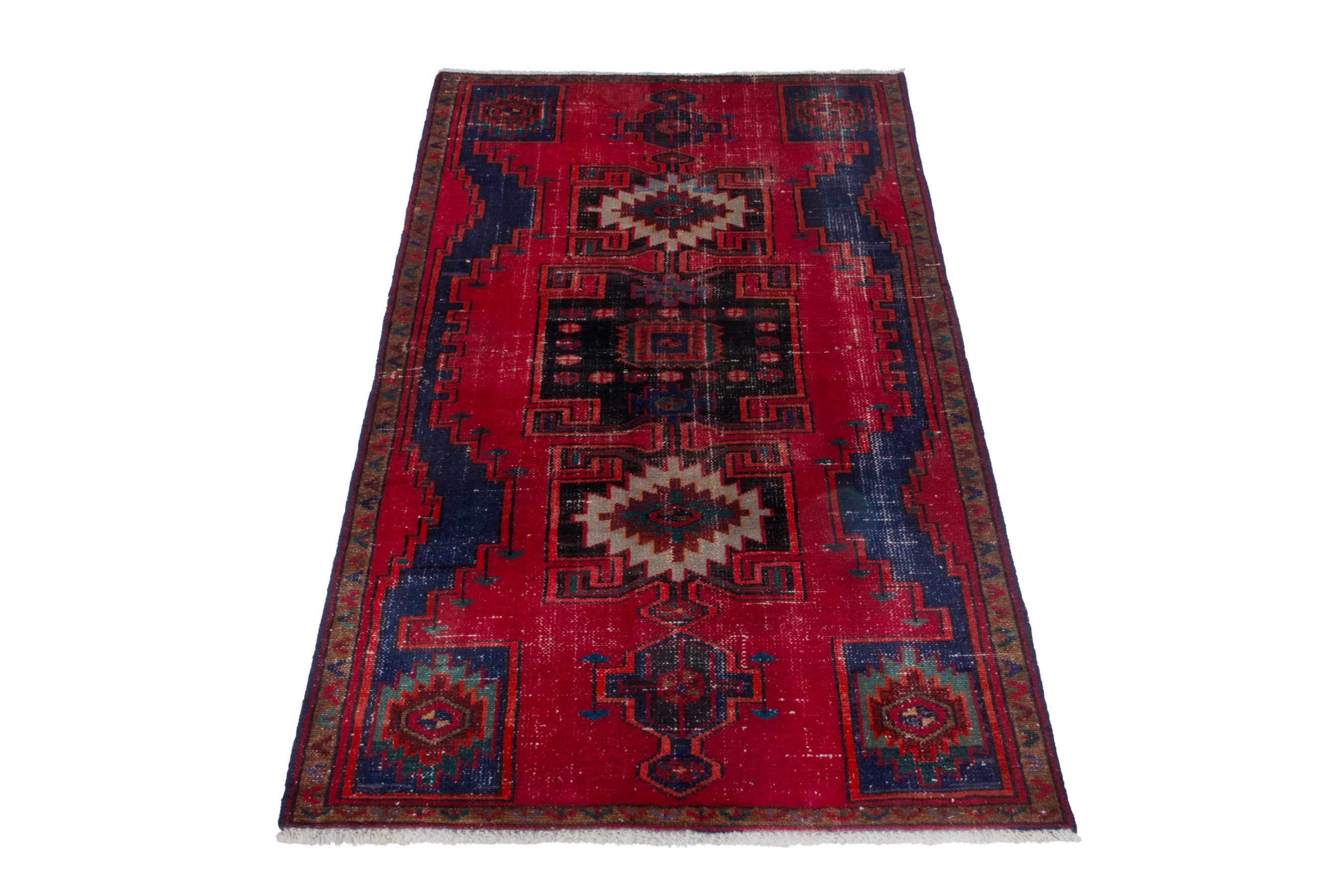 Persian Zanjan runner rug in deep red and dark blue, view 2 of 19