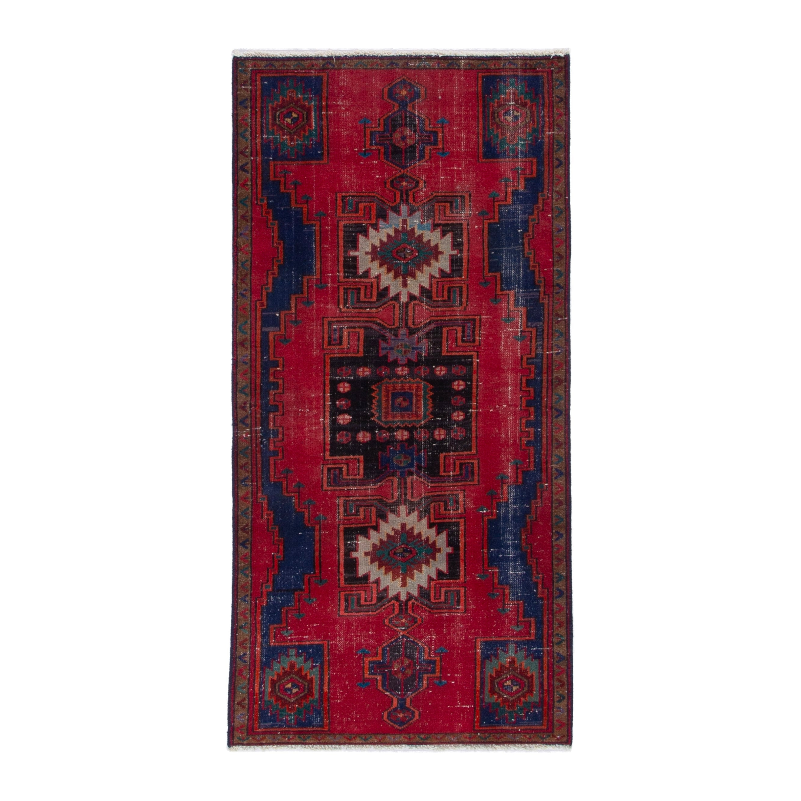 Persian Zanjan runner rug in deep red and dark blue, 3'1" x 6'3"