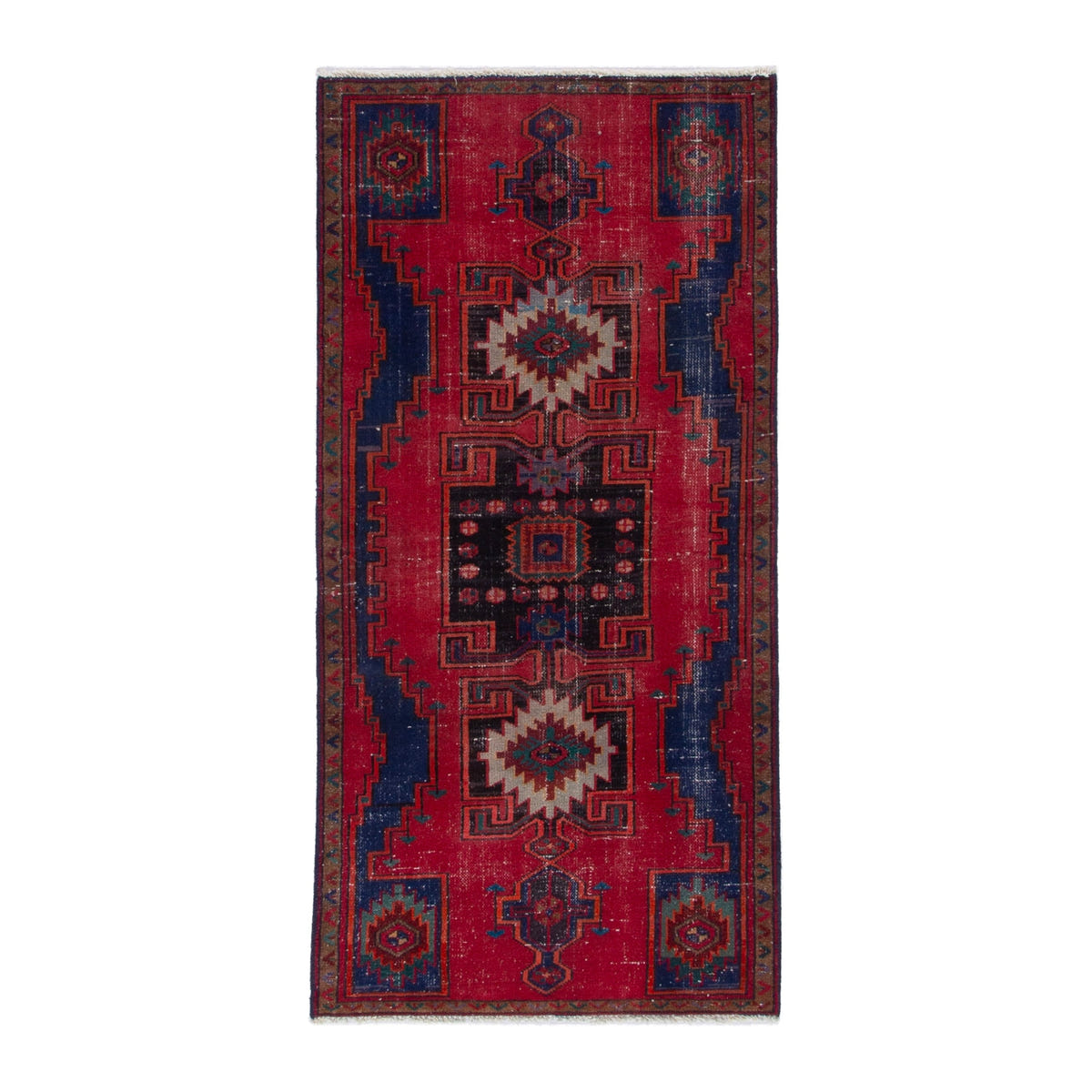 Persian Zanjan runner rug in deep red and dark blue, 3'1" x 6'3"