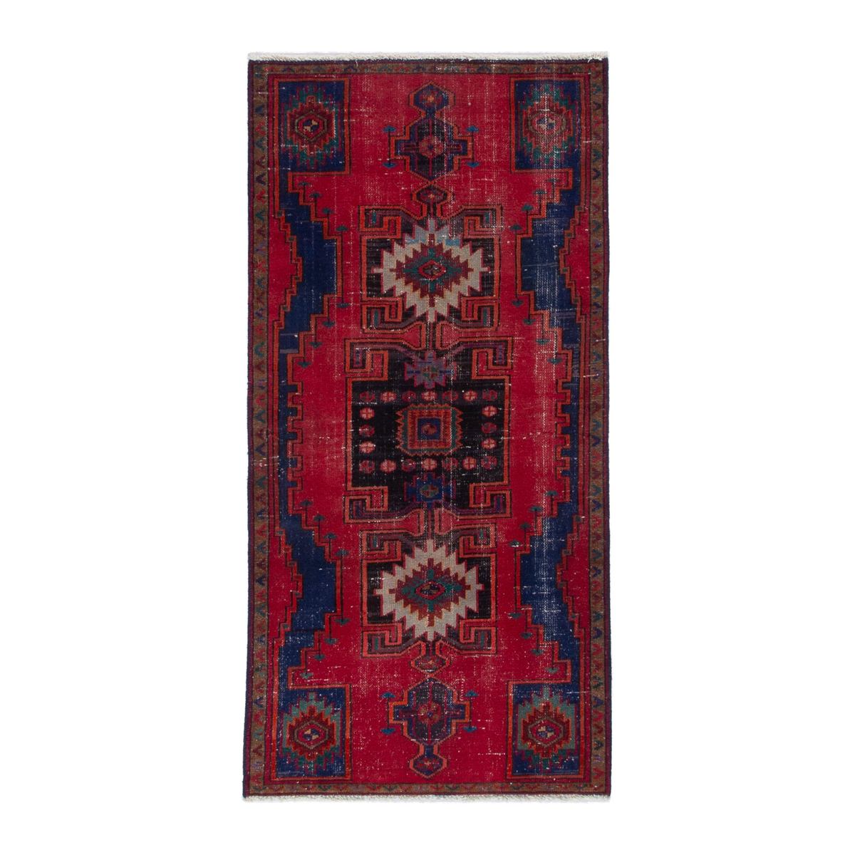 Persian Zanjan runner rug in deep red and dark blue, 3'1" x 6'3"