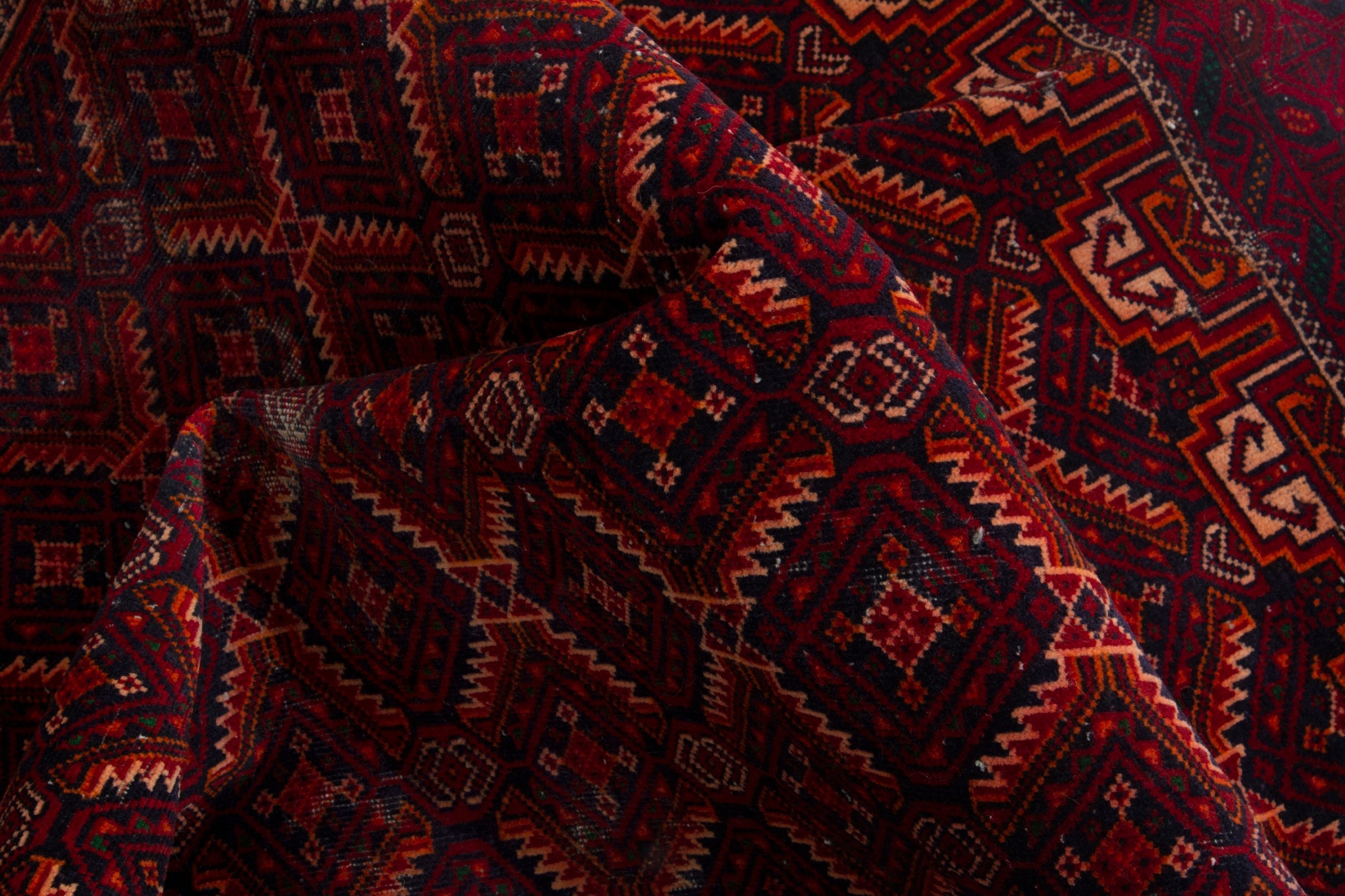 Persian Baluch accent rug in burgundy and deep red, view 15 of 17