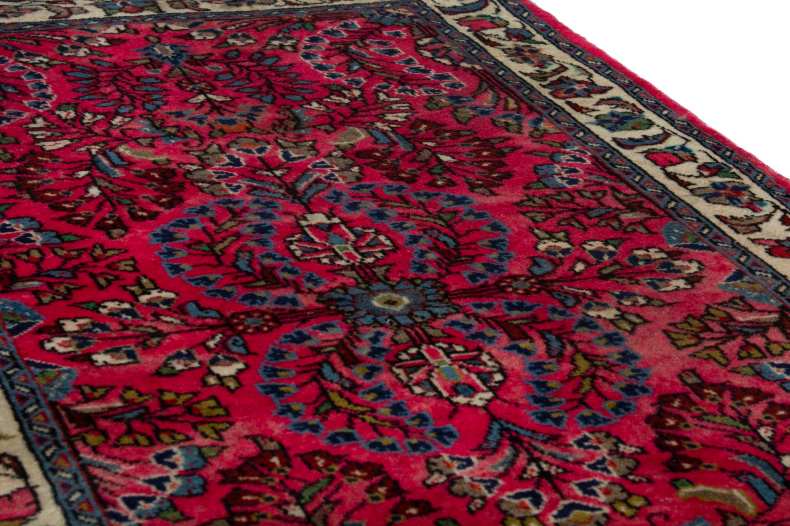 Persian Sarouk accent rug in deep red and off-white, view 8 of 17