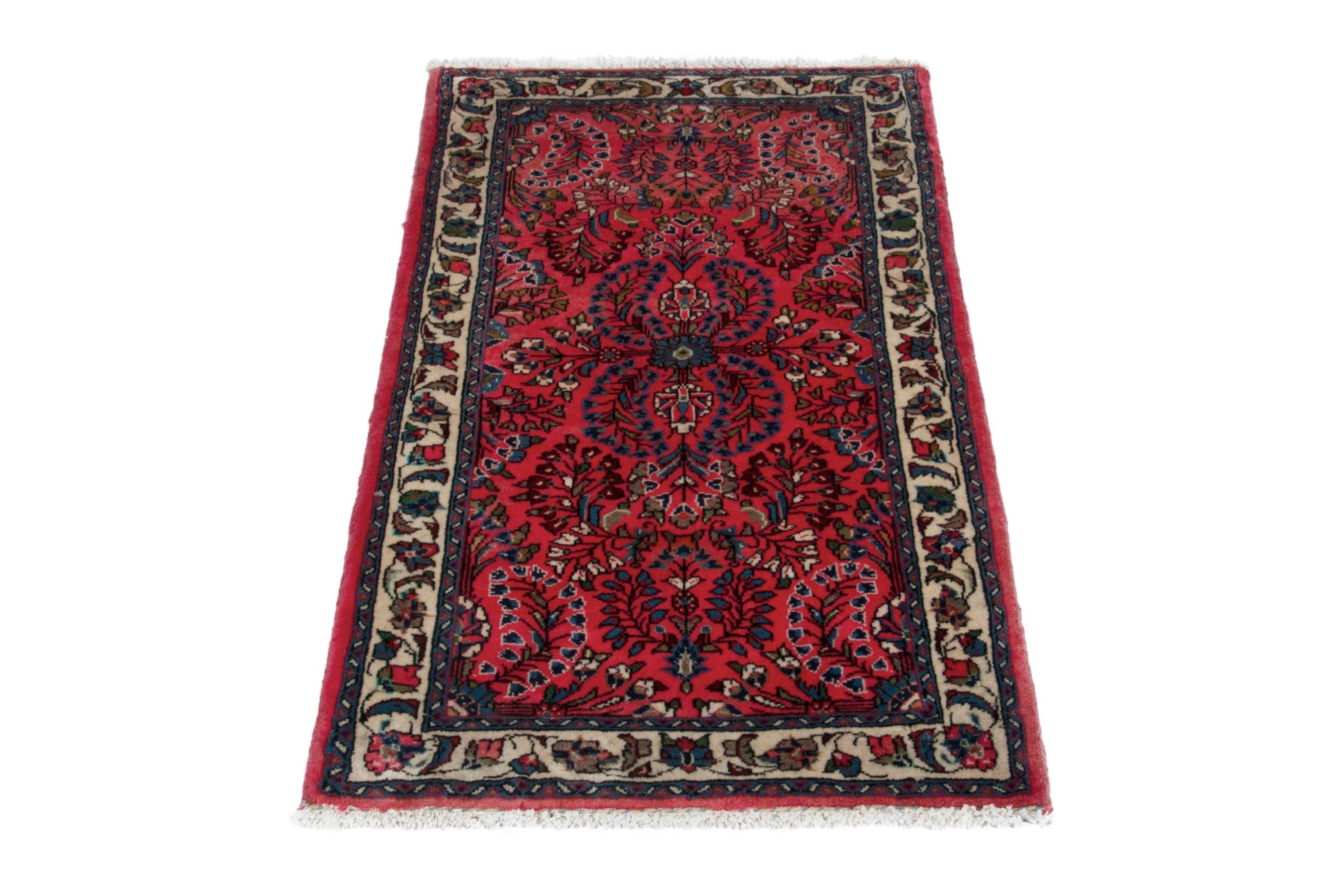 Persian Sarouk accent rug in deep red and off-white, view 2 of 17