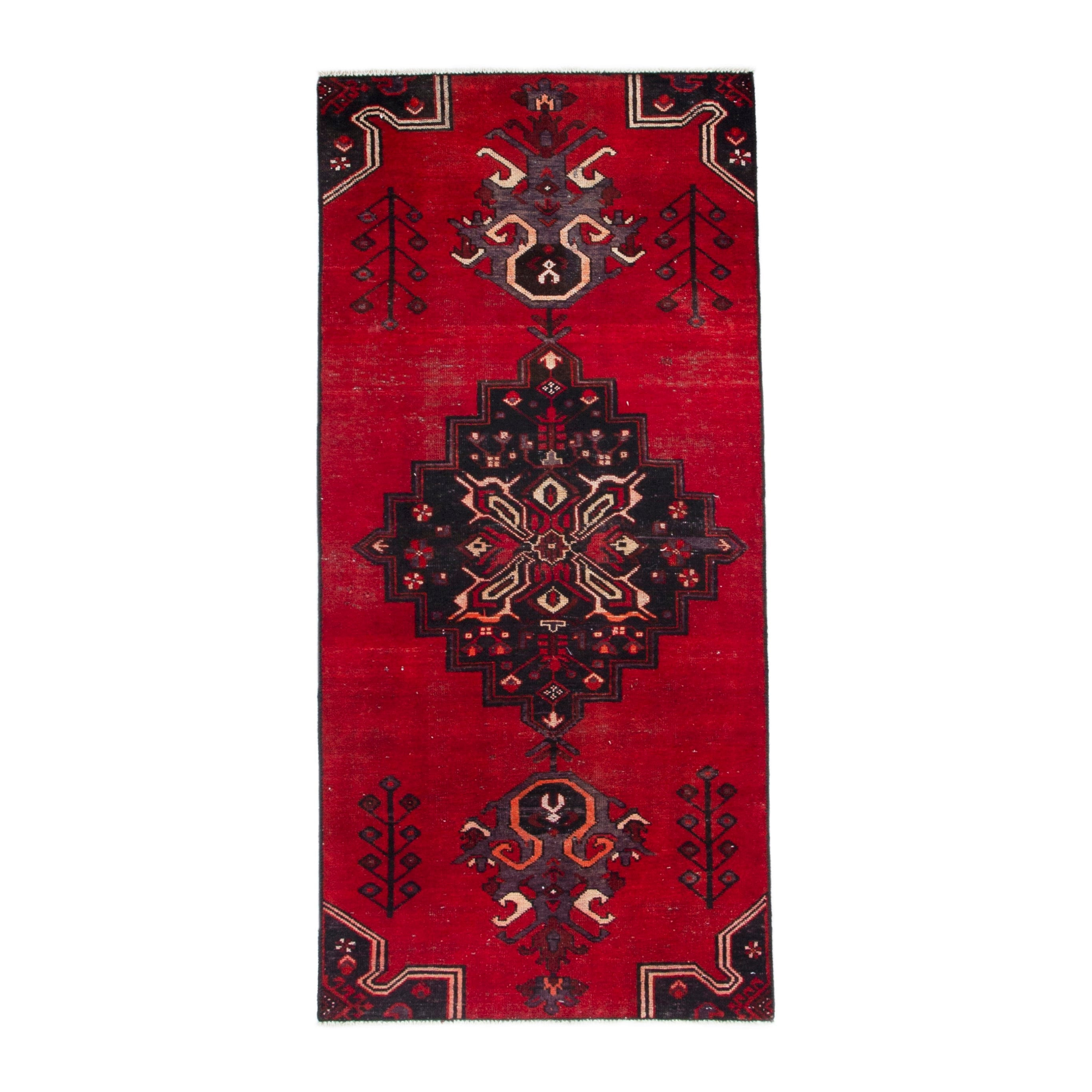 Persian Ferdos runner rug in deep red and dark blue, 2'10" x 6'11"