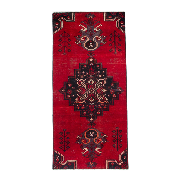 Persian Ferdos runner rug in deep red and dark blue, 2'10" x 6'11"
