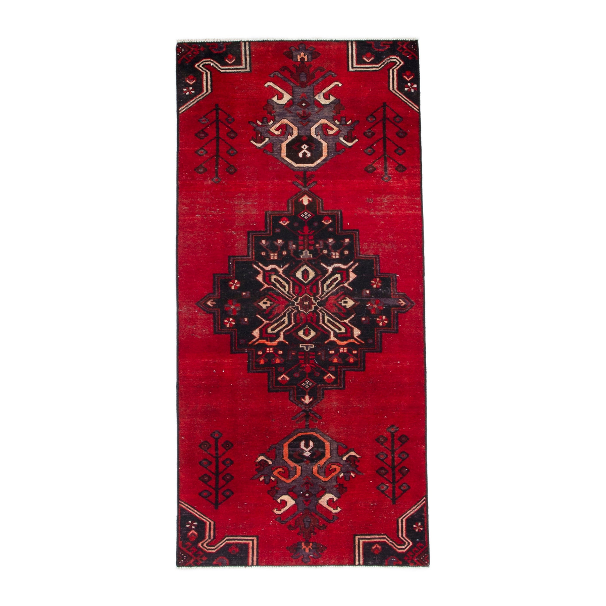 Persian Ferdos runner rug in deep red and dark blue, 2'10" x 6'11"