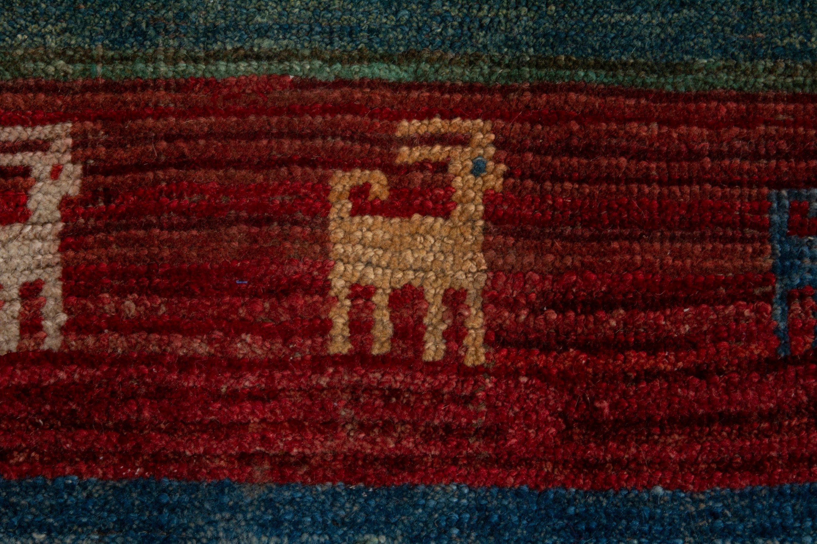 Persian Gabbeh accent rug in deep red and dark blue, view 11 of 16