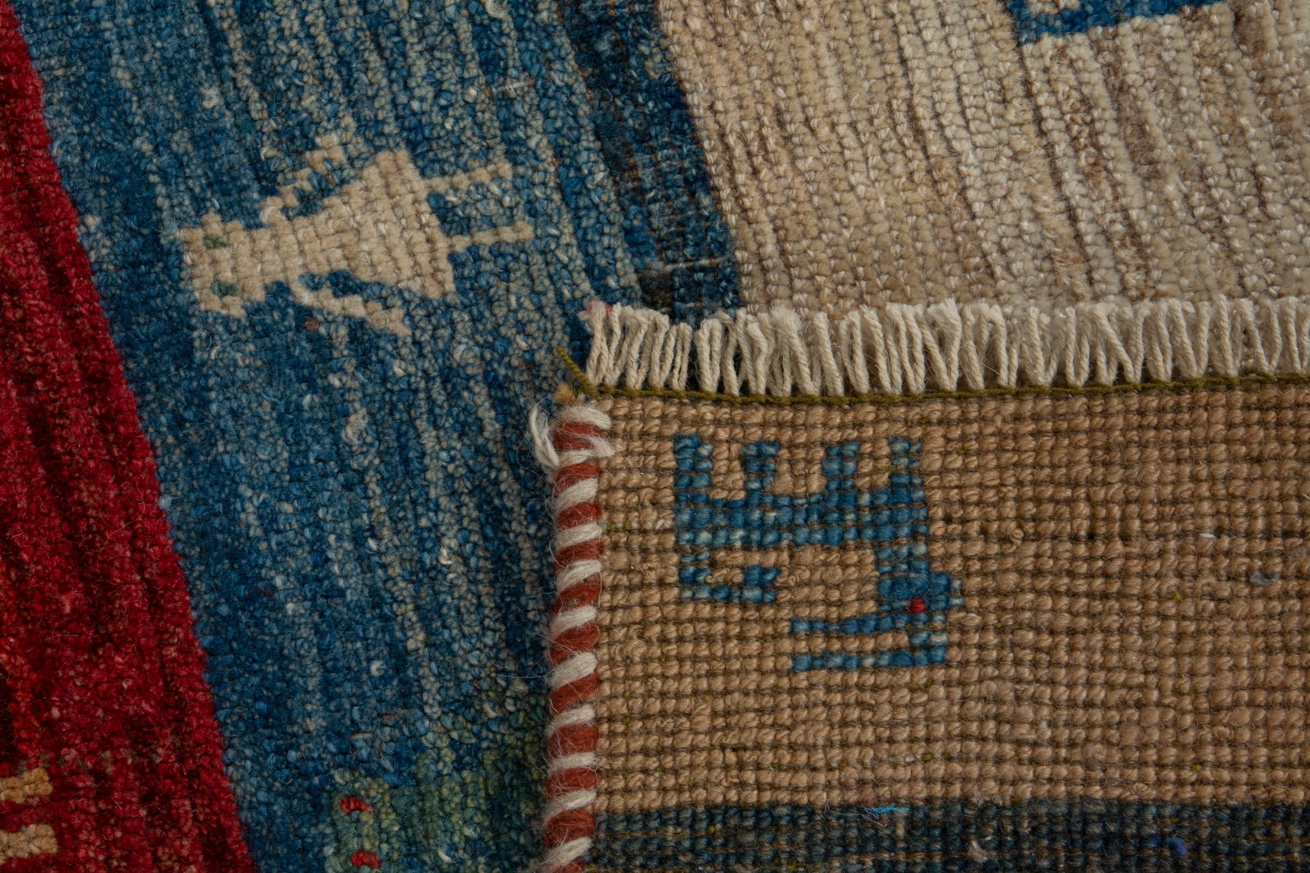 Persian Gabbeh accent rug in deep red and dark blue, view 16 of 16