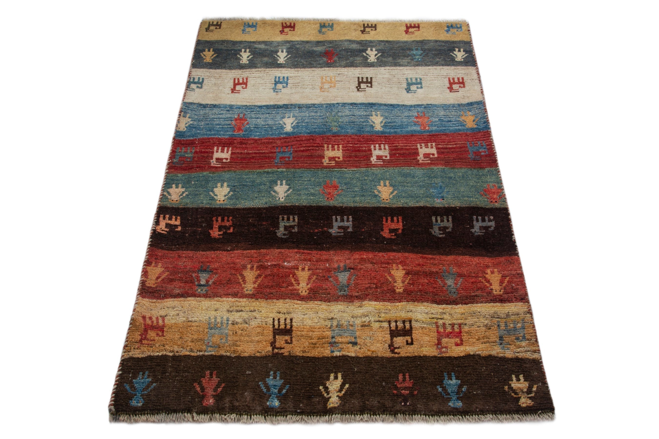 Persian Gabbeh accent rug in deep red and dark blue, view 3 of 16