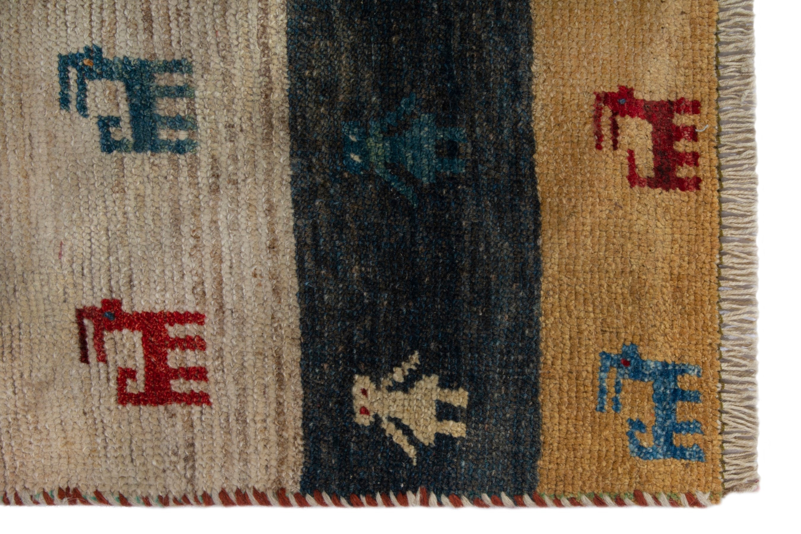 Persian Gabbeh accent rug in deep red and dark blue, view 9 of 16