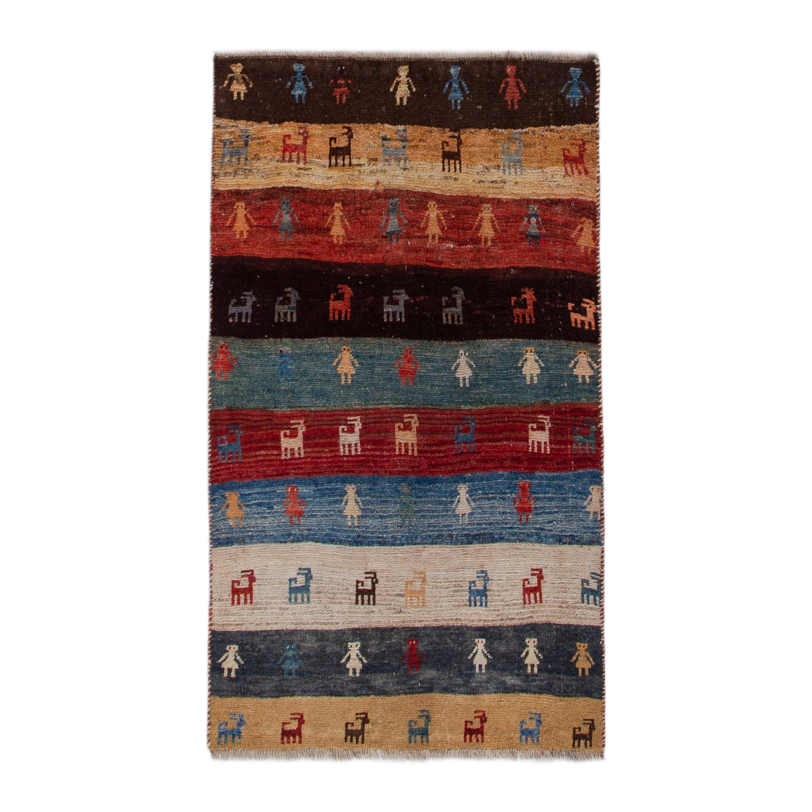 Persian Gabbeh accent rug in deep red and dark blue, 3'9" x 5'3"