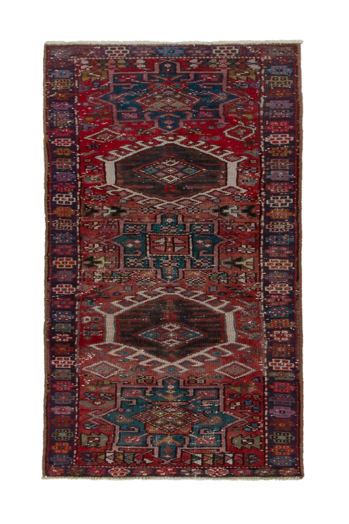 Persian Gharajeh runner rug in faded red and navy, view 2 of 17