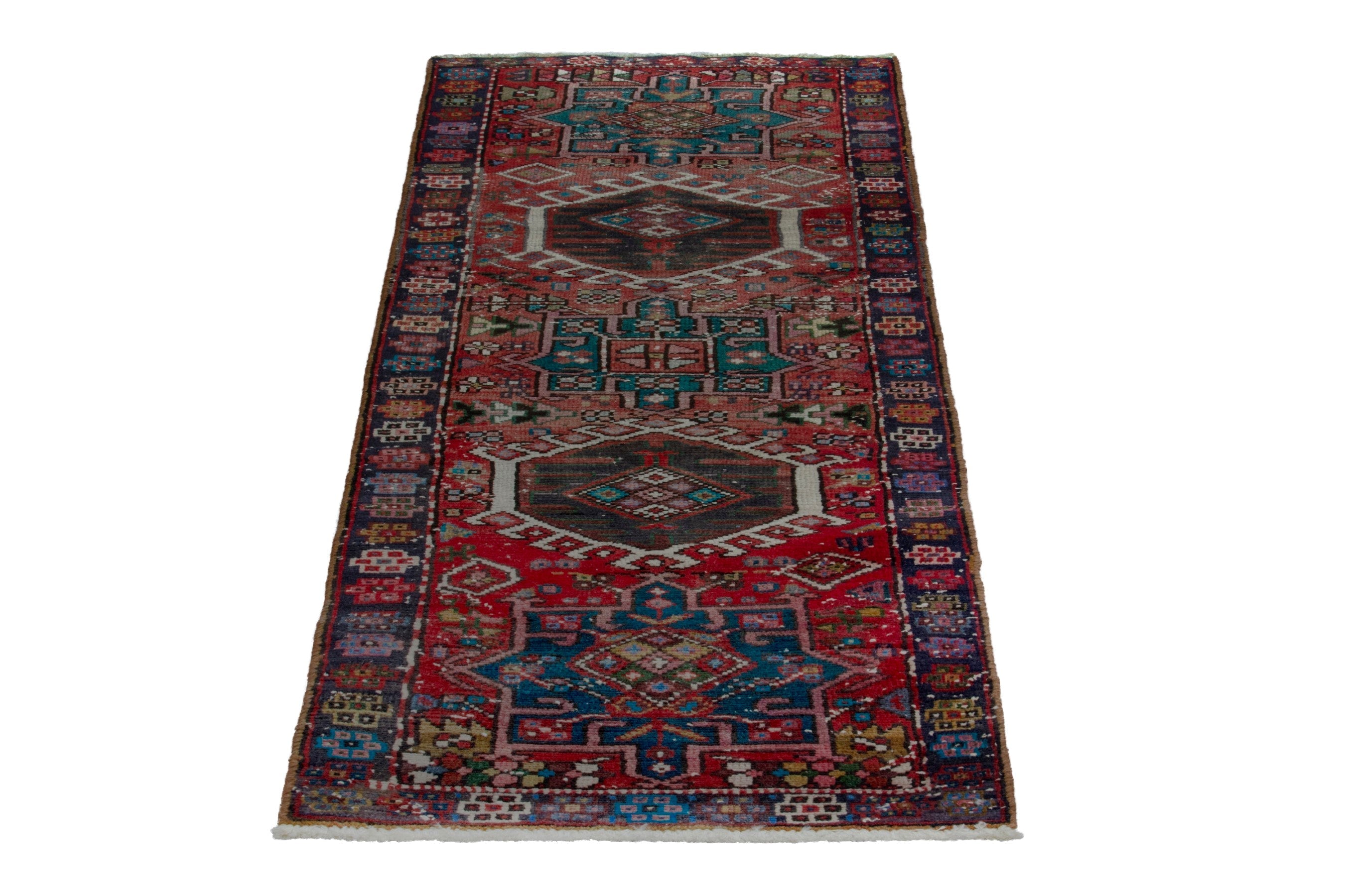Persian Gharajeh runner rug in faded red and navy, view 2 of 16