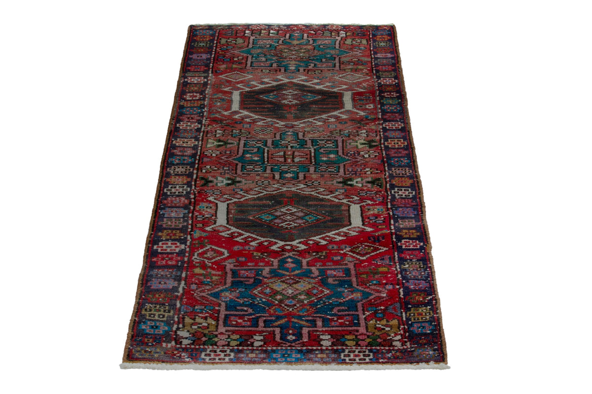 Persian Gharajeh runner rug in faded red and navy, view 3 of 17