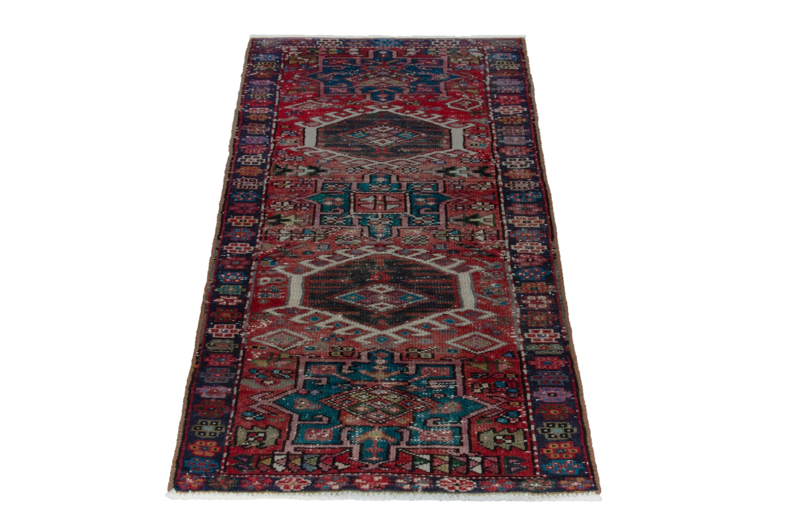 Persian Gharajeh runner rug in faded red and navy, view 3 of 16