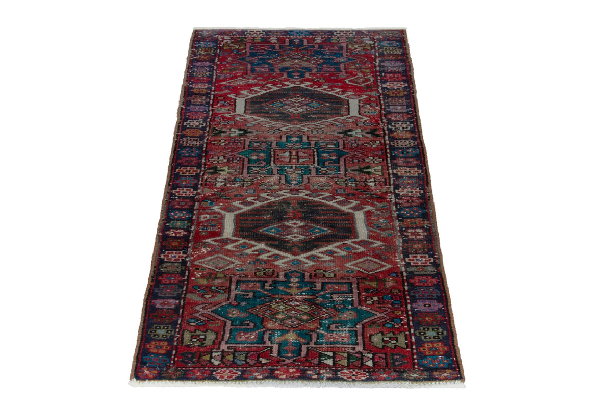 Persian Gharajeh runner rug in faded red and navy, view 4 of 17