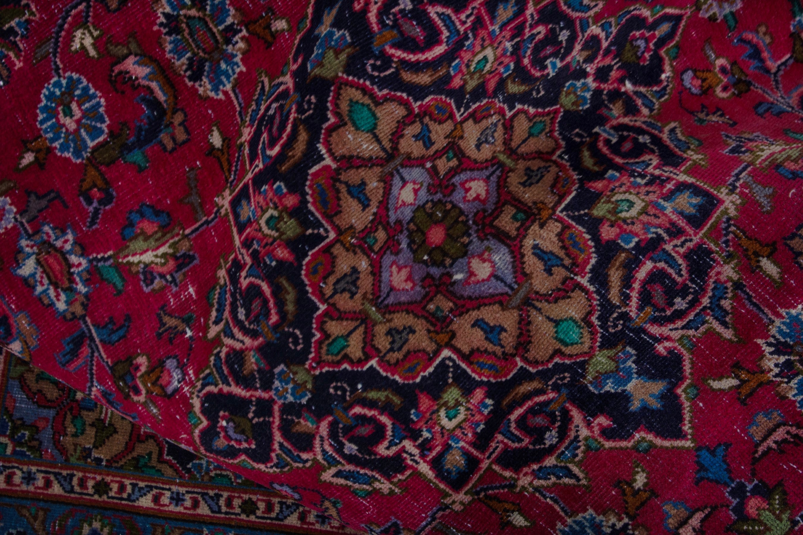 Persian Kashmar area rug in burgundy and navy, view 17 of 18