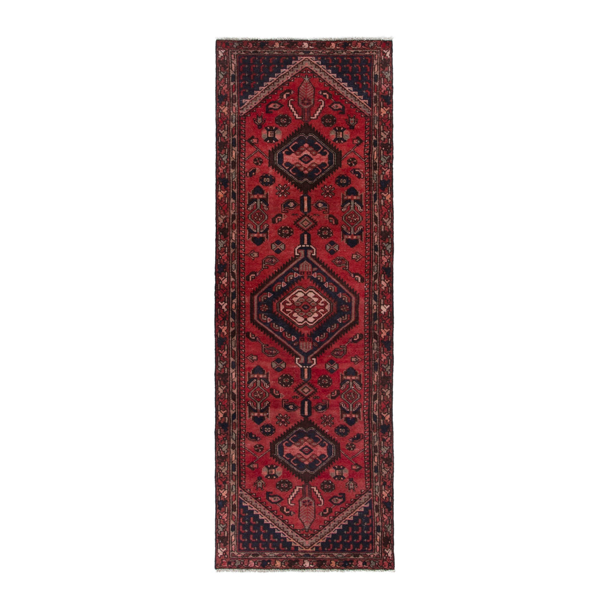 Persian Zanjan runner rug in deep red and burgundy, 3'1" x 9'5"