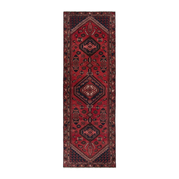Persian Zanjan runner rug in deep red and burgundy, 3'1" x 9'5"