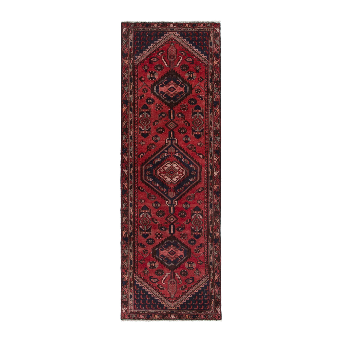 Persian Zanjan runner rug in deep red and burgundy, 3'1" x 9'5"