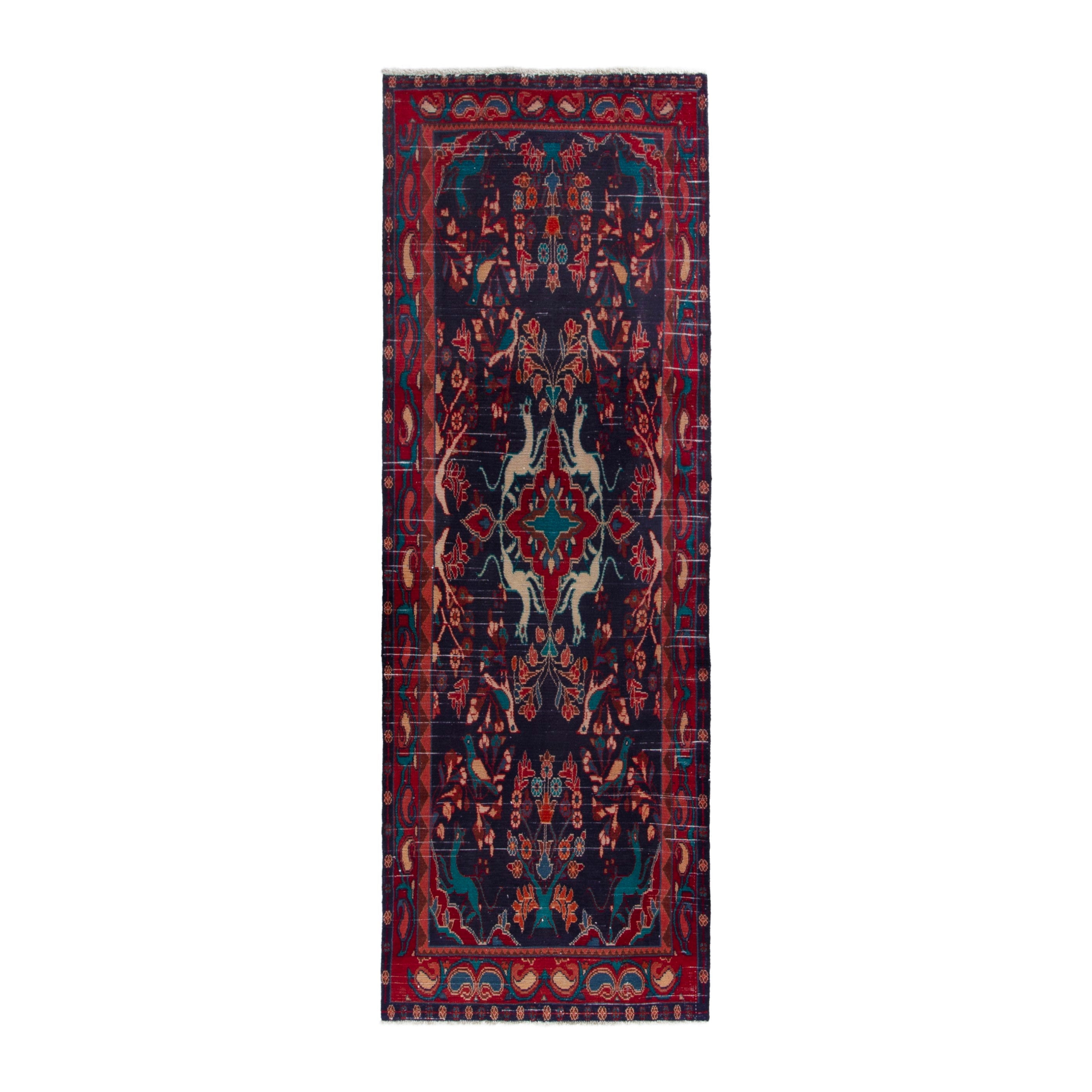 Persian Arak runner rug in navy and deep red, 3'4" x 9'5"