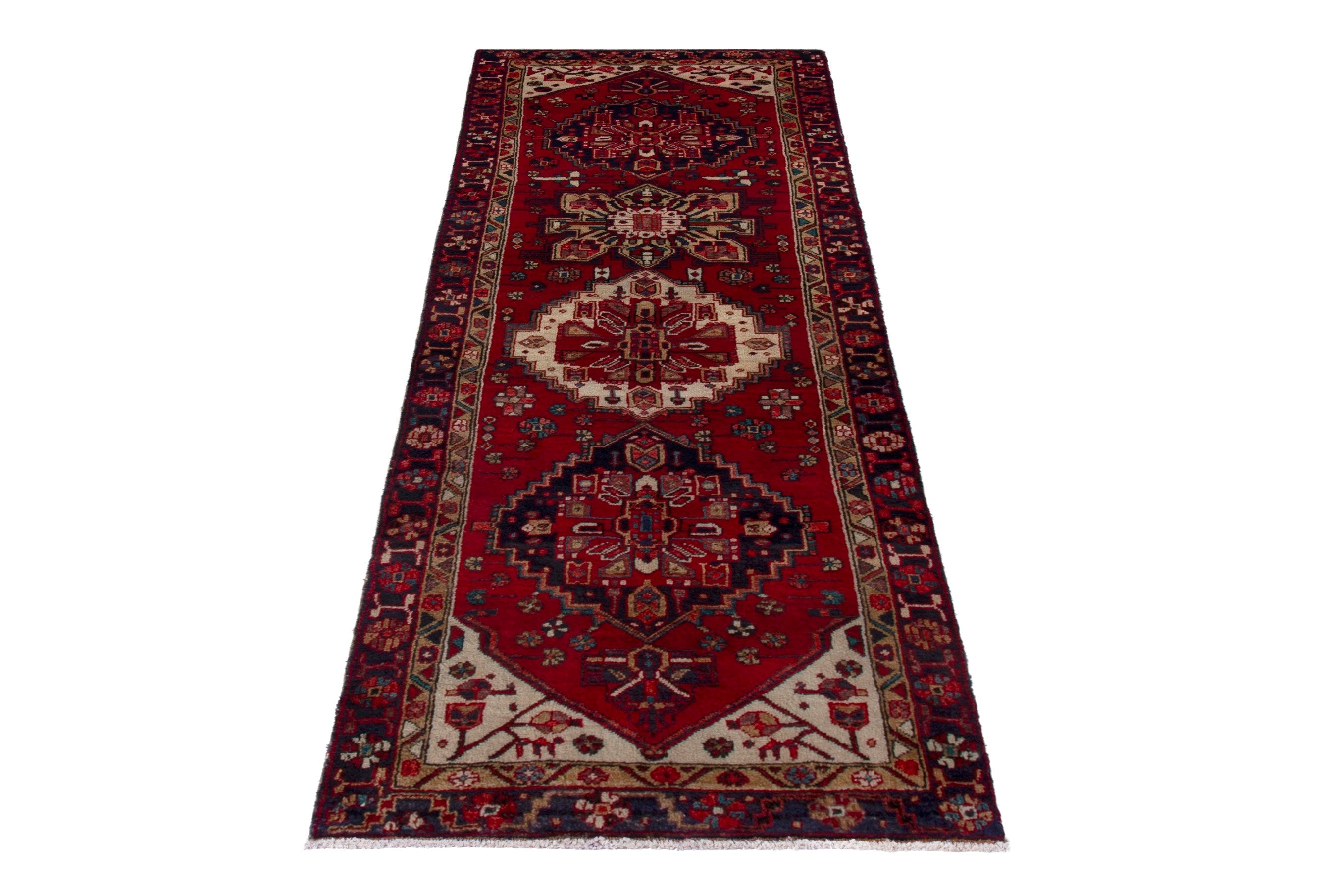 Persian Gorevan runner rug in deep red and cream, view 2 of 18