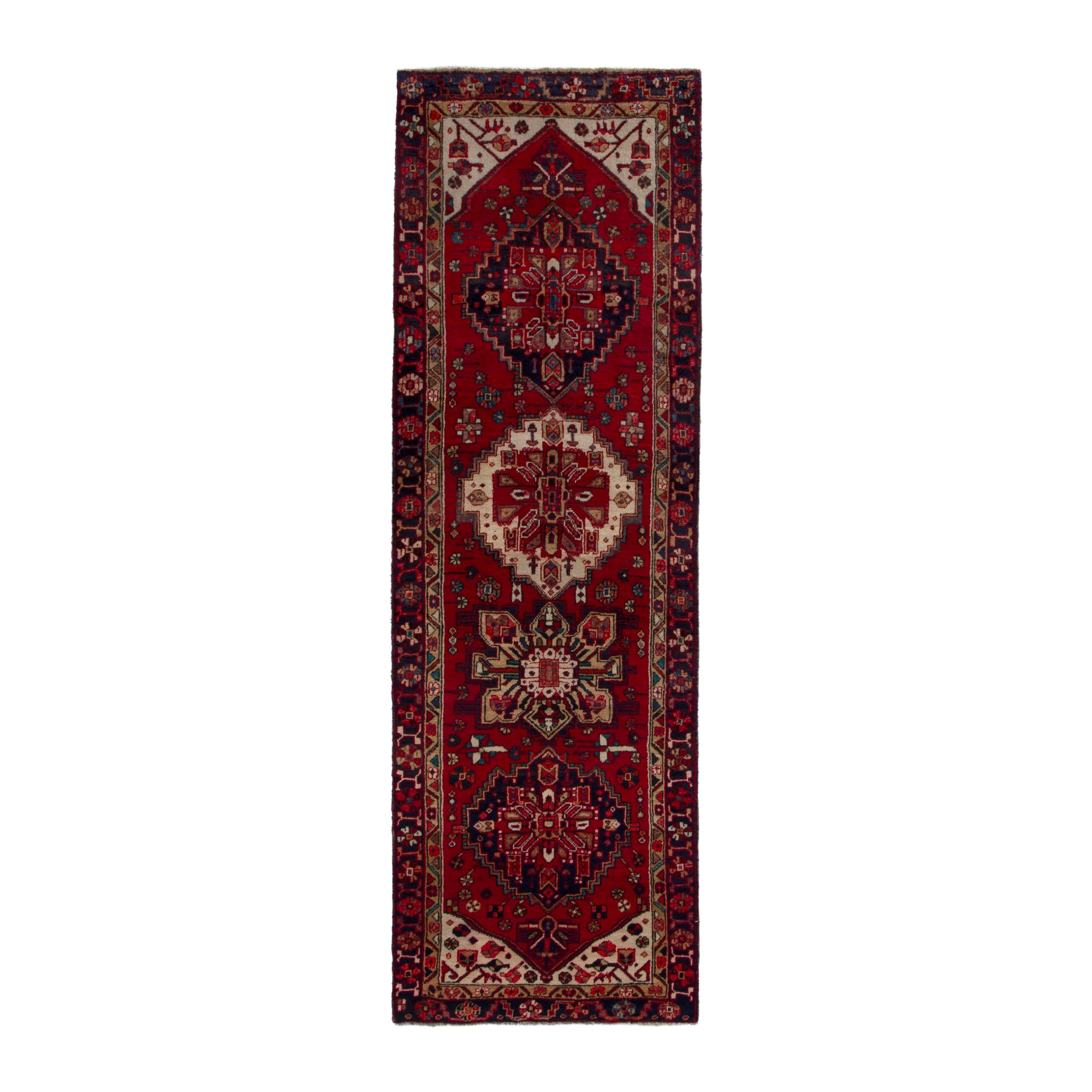 Persian Gorevan runner rug in deep red and cream, 3'4" x 10'3"