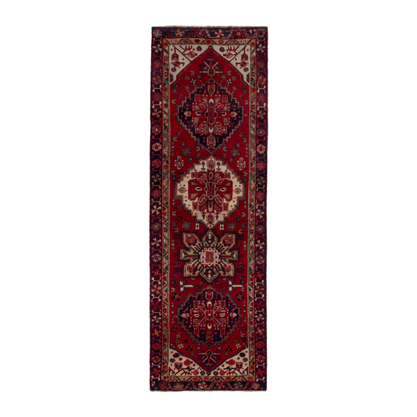 Persian Goravan runner rug in deep red and cream, 3'4" x 10'3"